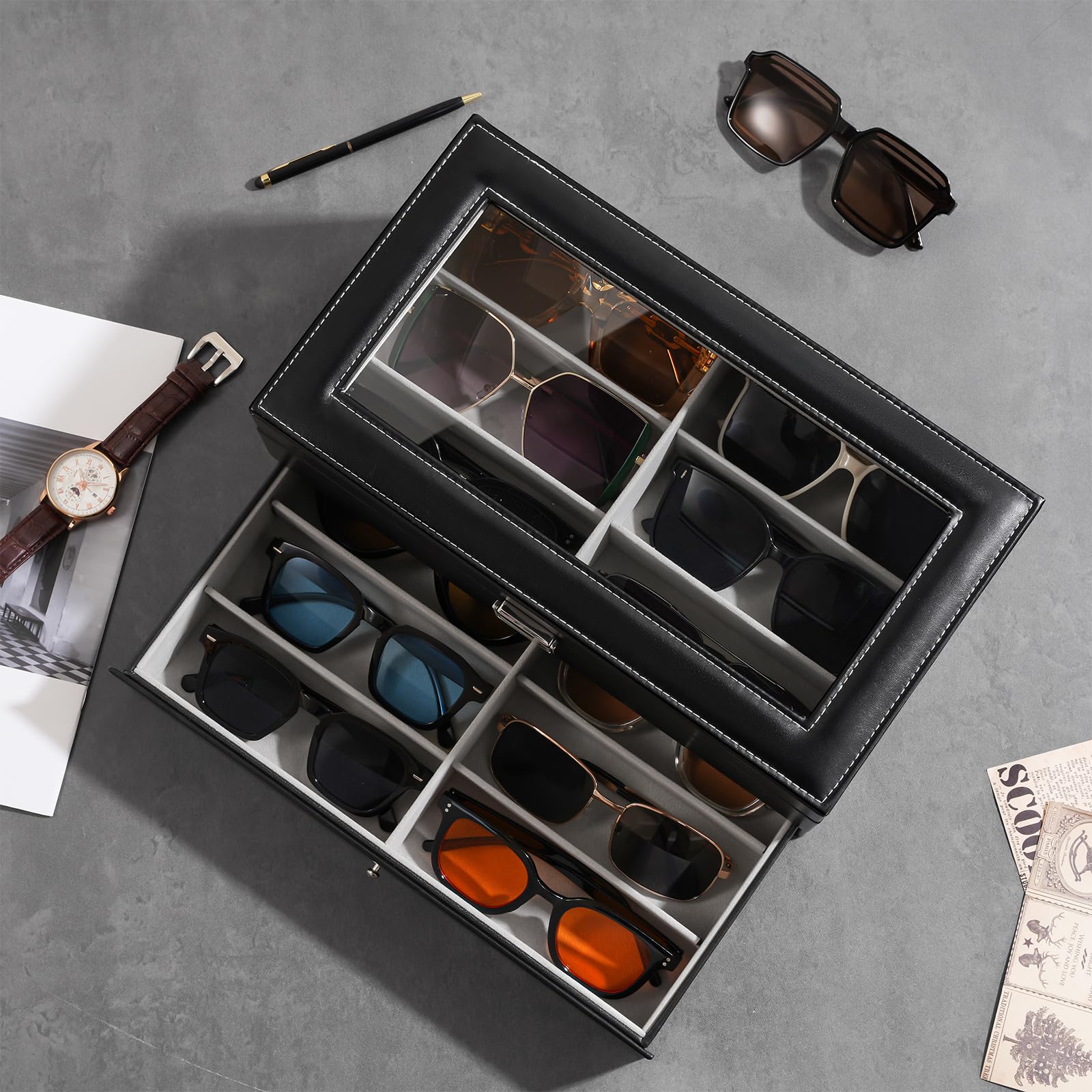 Foto 4 | Organizador De Gafas De Sol Procase, 12 Ranuras, 2 Capas, Piel Negra - Venta Internacional.