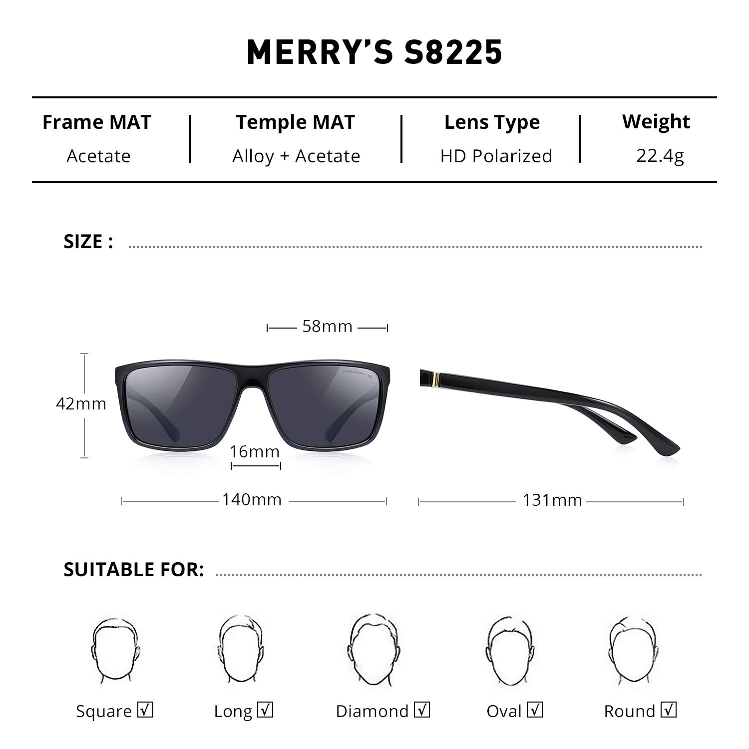 Foto 2 | Gafas De Sol Merry's Rectangulares Polarizadas Uv400 S8225 Para Hombre Y Mujer - Venta Internacional.