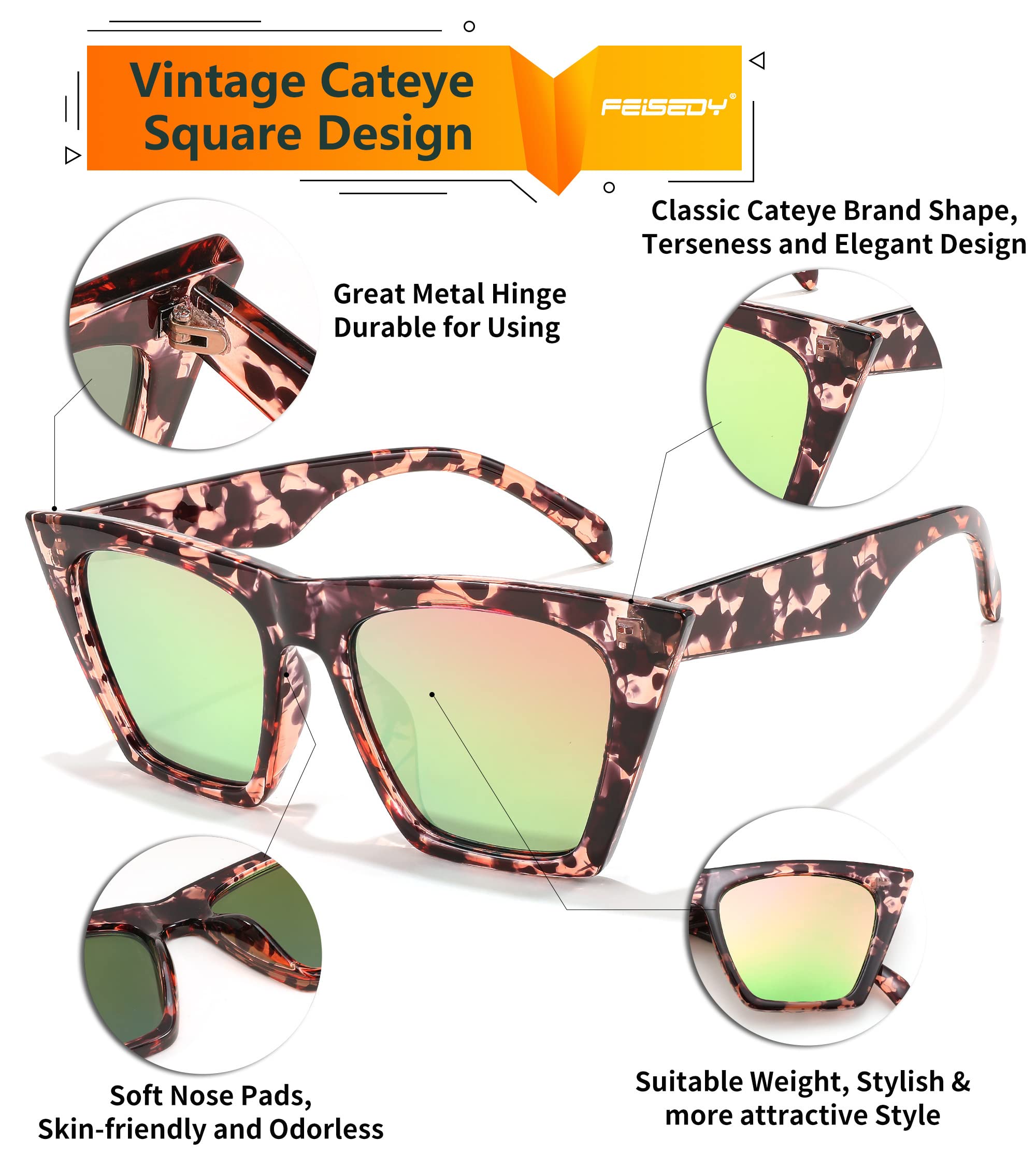 Foto 3 pulgar | Gafas De Sol Feisedy Trendy Vintage Square Cat Eye Uv400 B2473 - Venta Internacional.