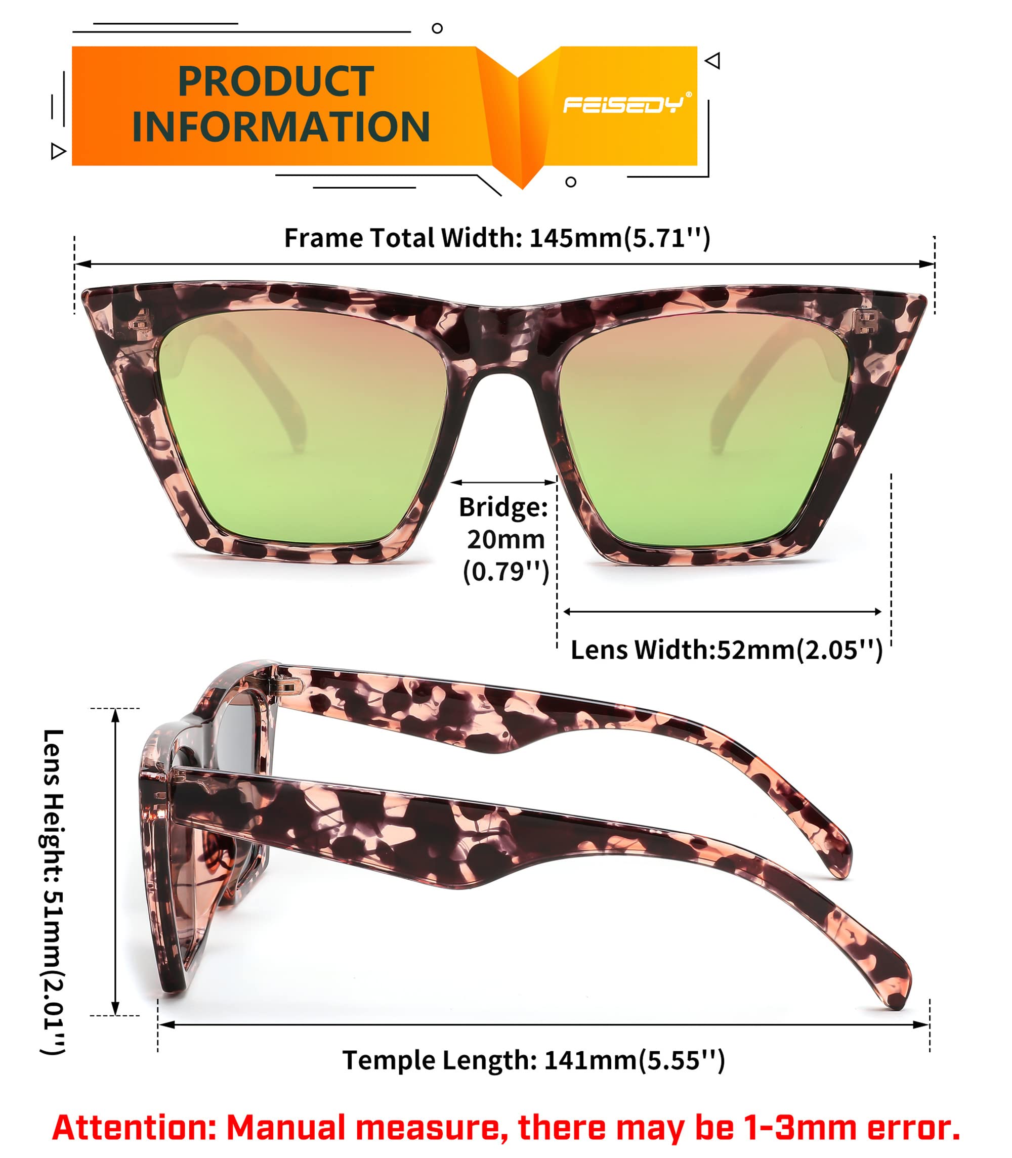 Foto 4 pulgar | Gafas De Sol Feisedy Trendy Vintage Square Cat Eye Uv400 B2473 - Venta Internacional.