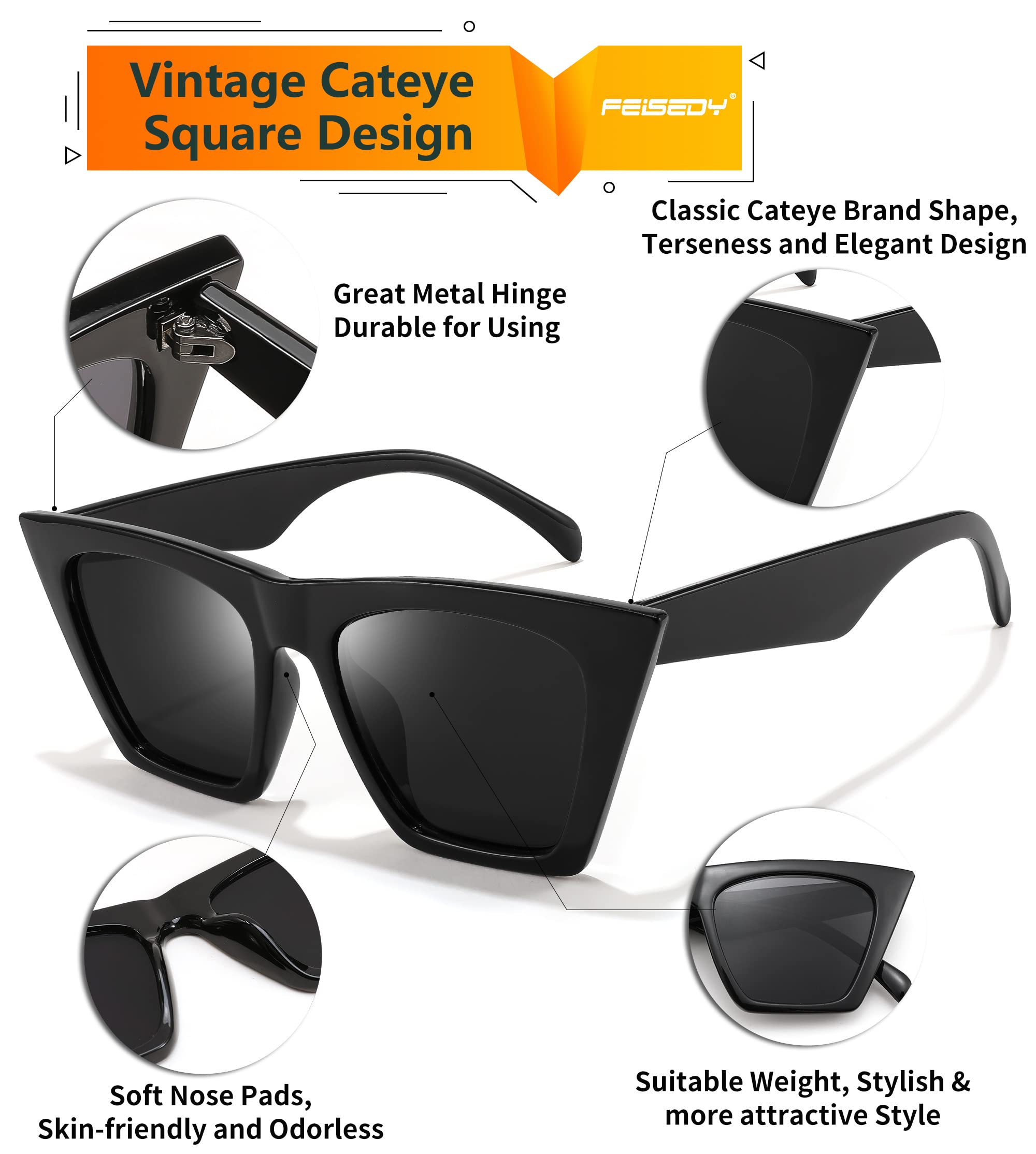 Foto 4 pulgar | Gafas De Sol Feisedy Trendy Vintage Square Cat Eye Uv400 B2473 - Venta Internacional.