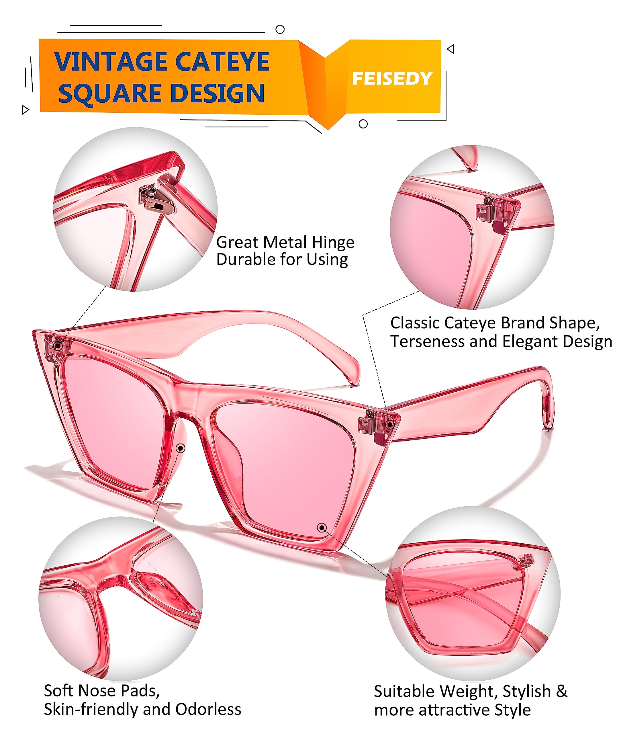 Foto 4 pulgar | Gafas De Sol Feisedy Vintage Square Cat Eye Uv400 B2473 Para Mujer - Venta Internacional.