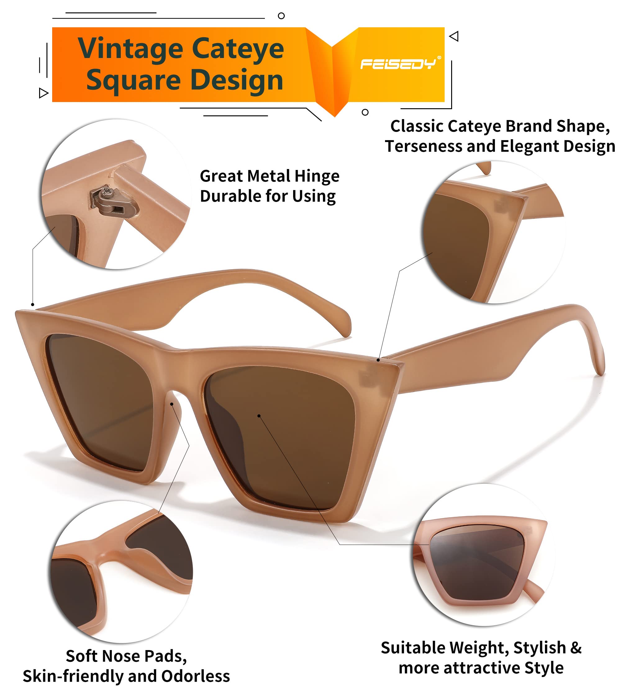 Foto 3 pulgar | Gafas De Sol Feisedy Trendy Vintage Square Cat Eye Uv400 B2473 - Venta Internacional.