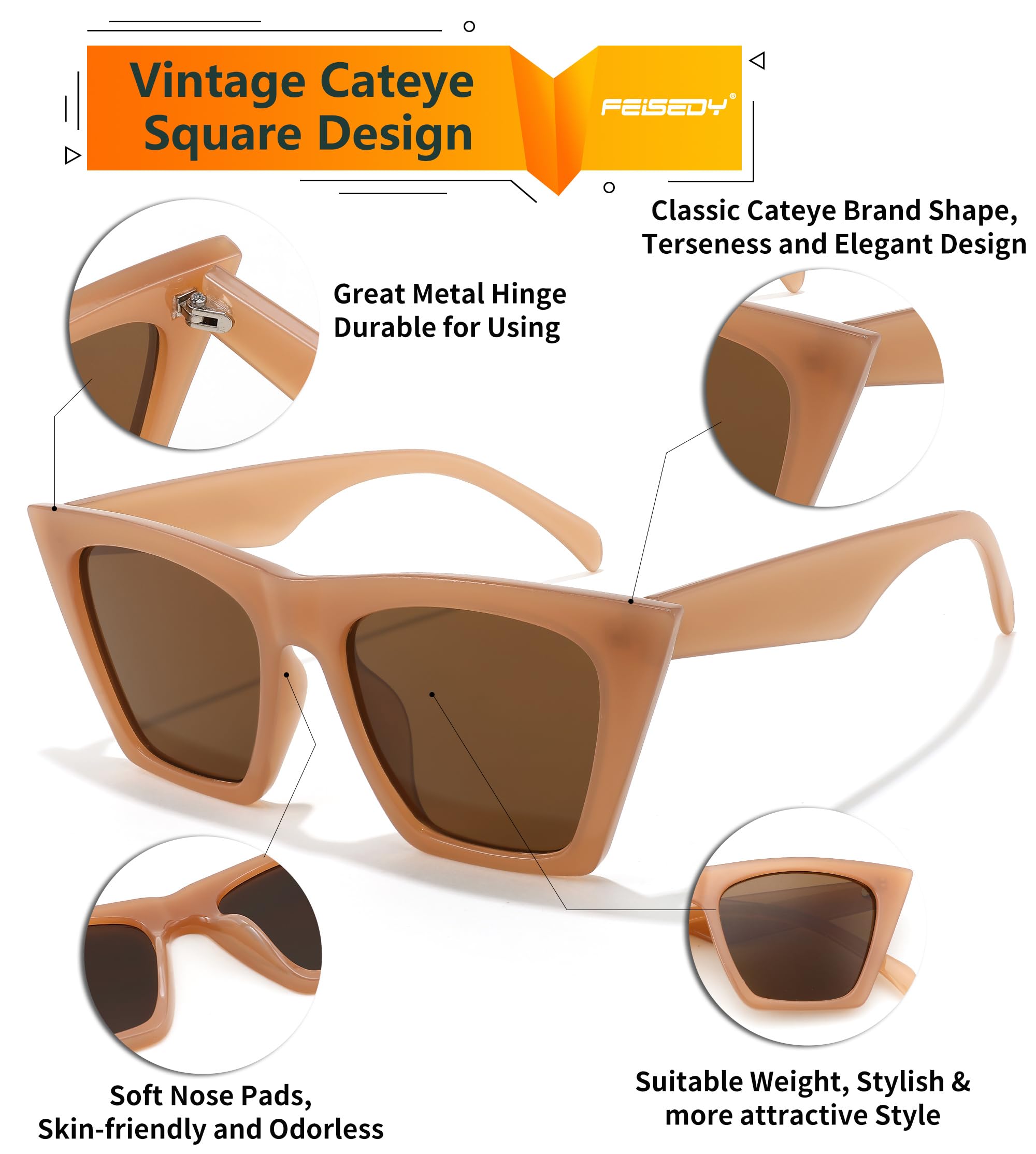 Foto 5 pulgar | Gafas De Sol Feisedy Vintage Square Cat Eye B2473 Para Mujer - Venta Internacional.