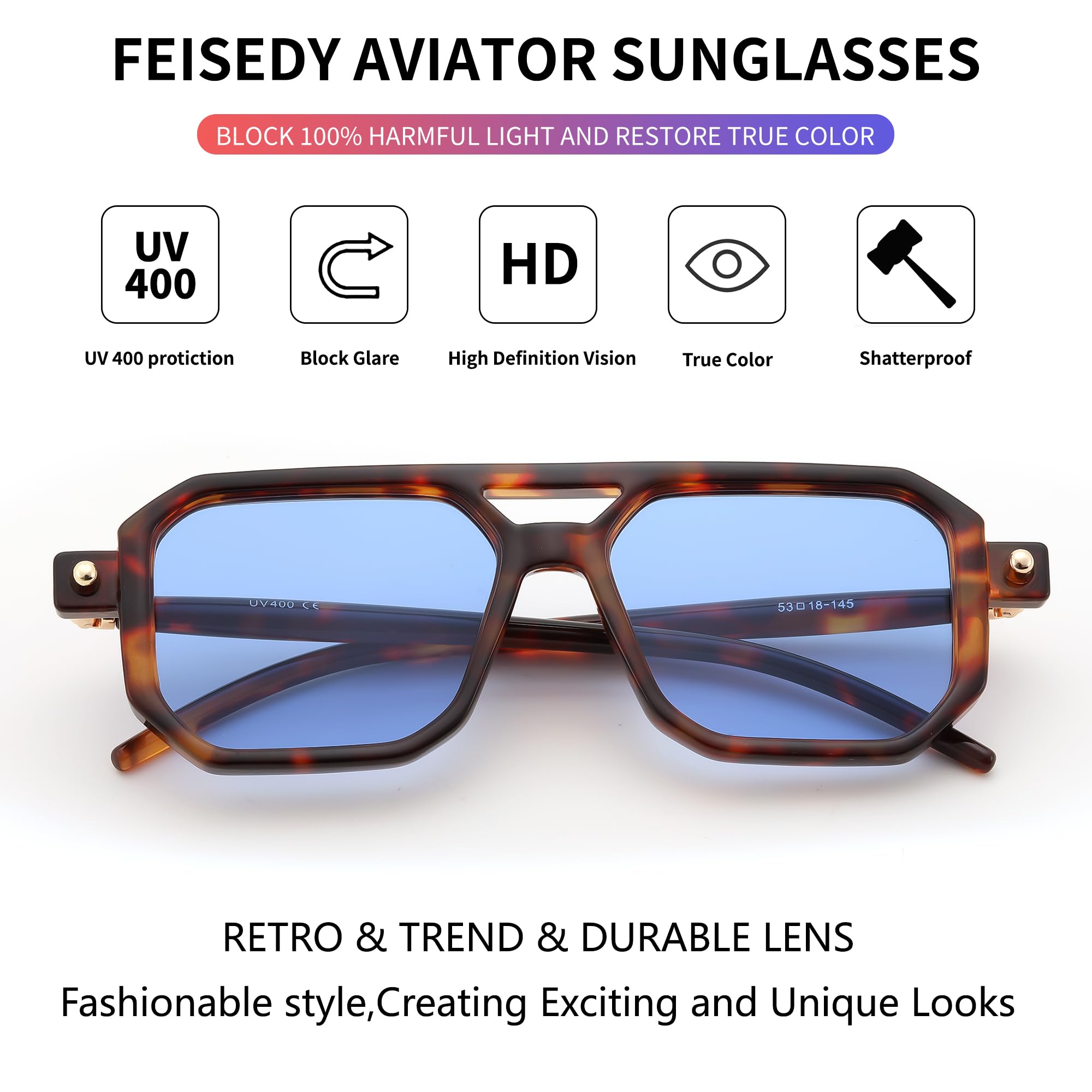 Foto 7 pulgar | Gafas De Sol Feisedy Vintage Square 70s Flat Aviator Uv400 - Venta Internacional.