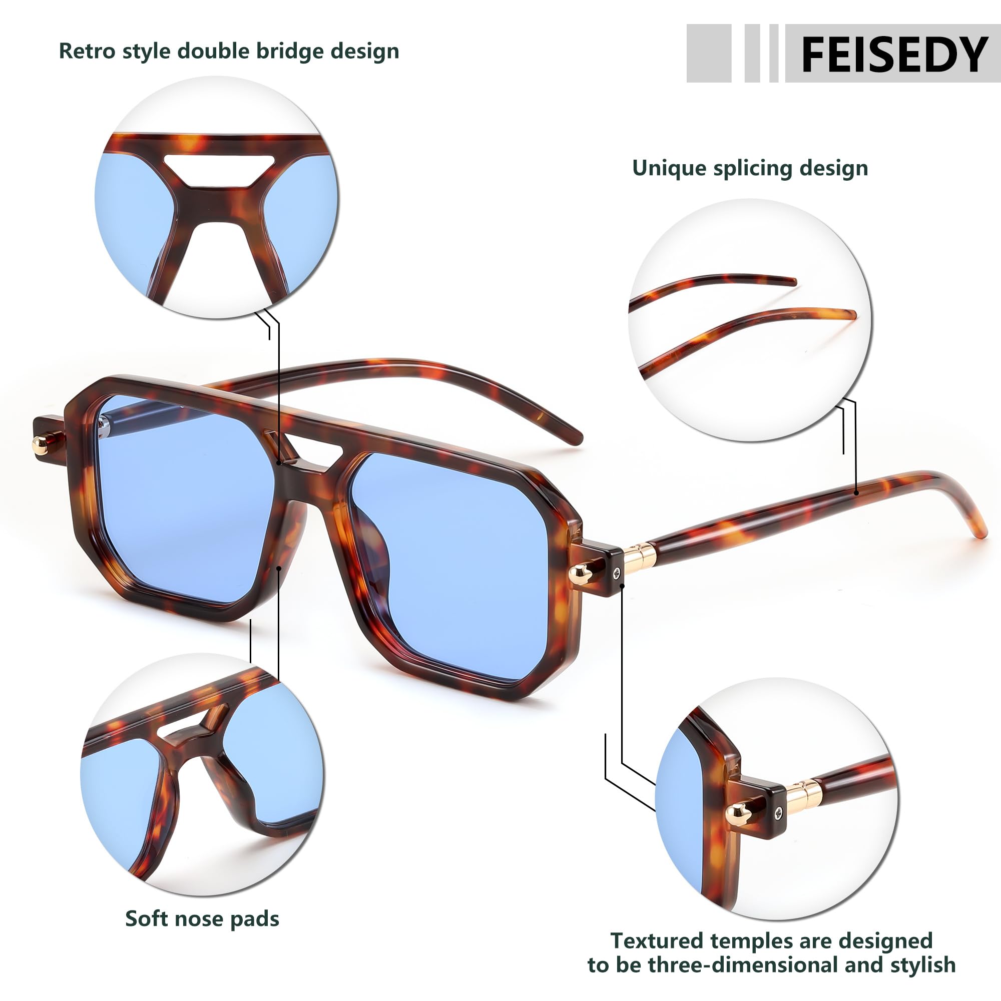 Foto 8 pulgar | Gafas De Sol Feisedy Vintage Square 70s Flat Aviator Uv400 - Venta Internacional.