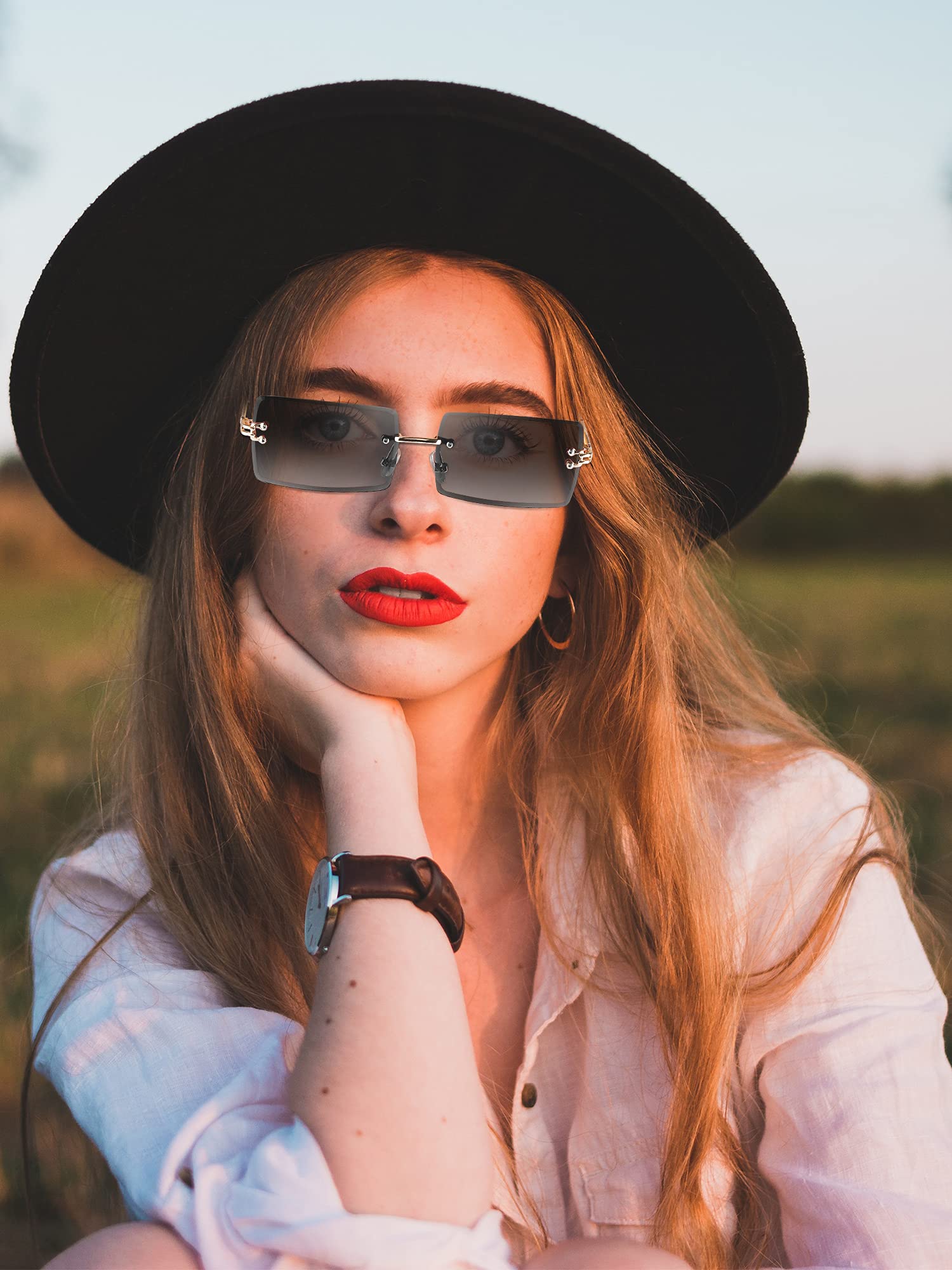 Foto 6 pulgar | Gafas De Sol Frienda Rimless Rectangle Vintage Para Mujeres Y Hombres - Venta Internacional.