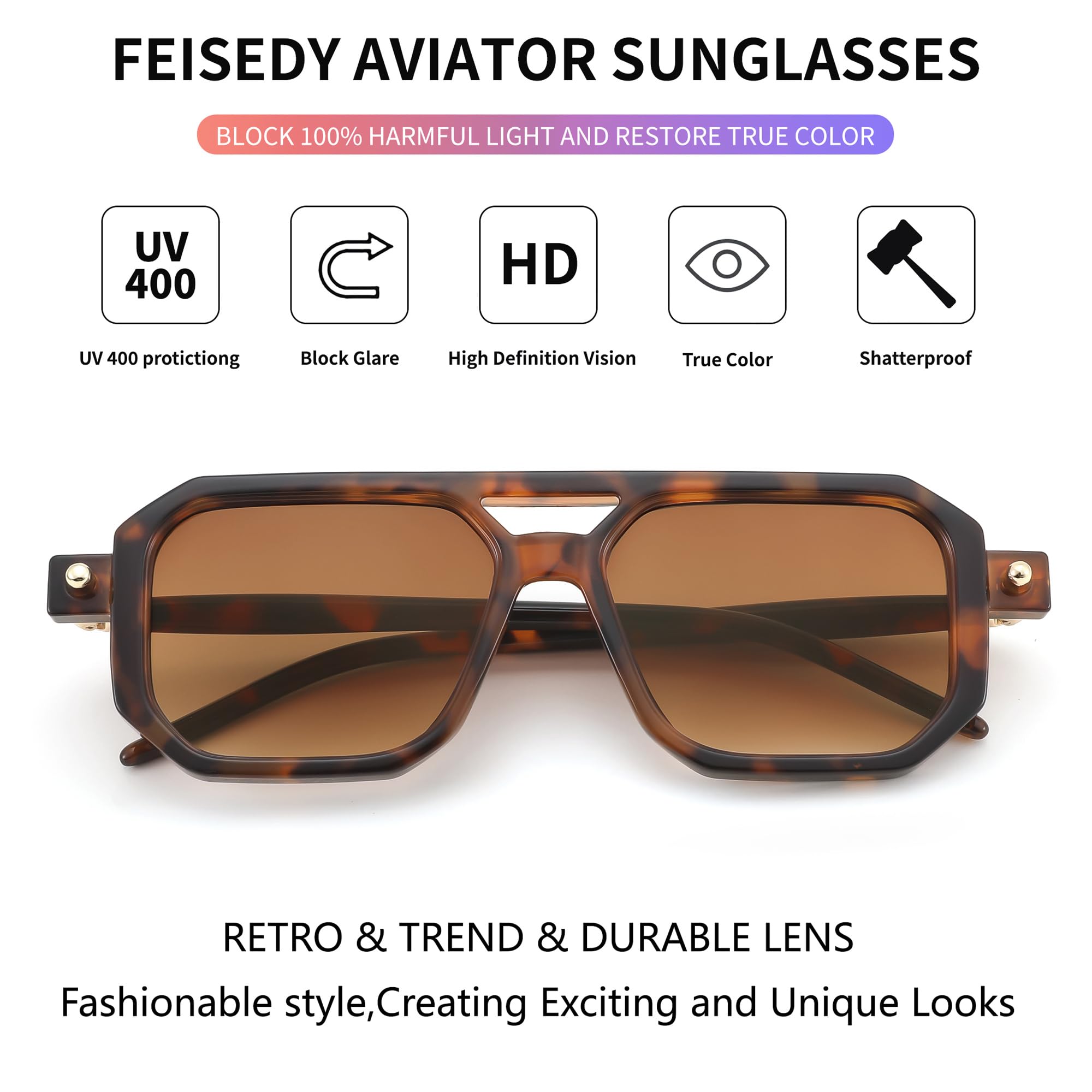Foto 5 | Gafas De Sol Feisedy Vintage Square 70s Flat Aviator Uv400 - Venta Internacional.