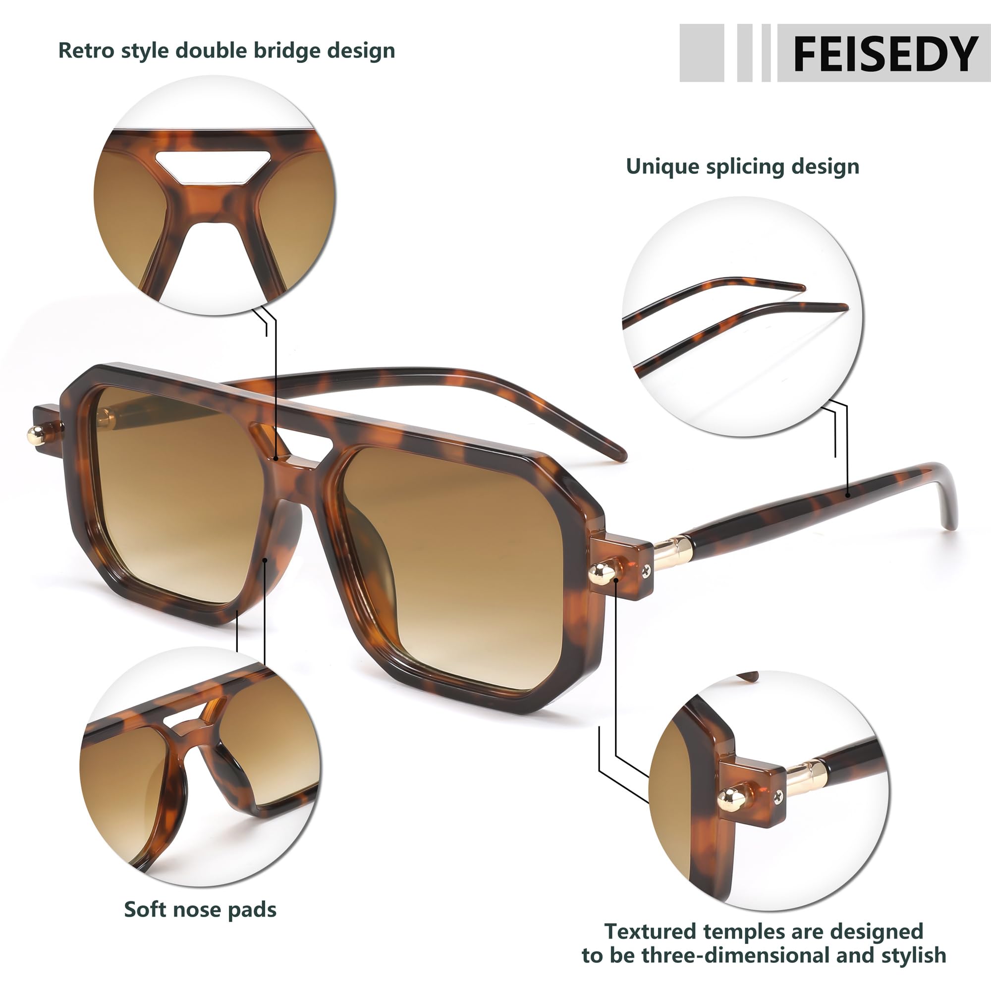 Foto 7 pulgar | Gafas De Sol Feisedy Vintage Square 70s Flat Aviator Uv400 - Venta Internacional.