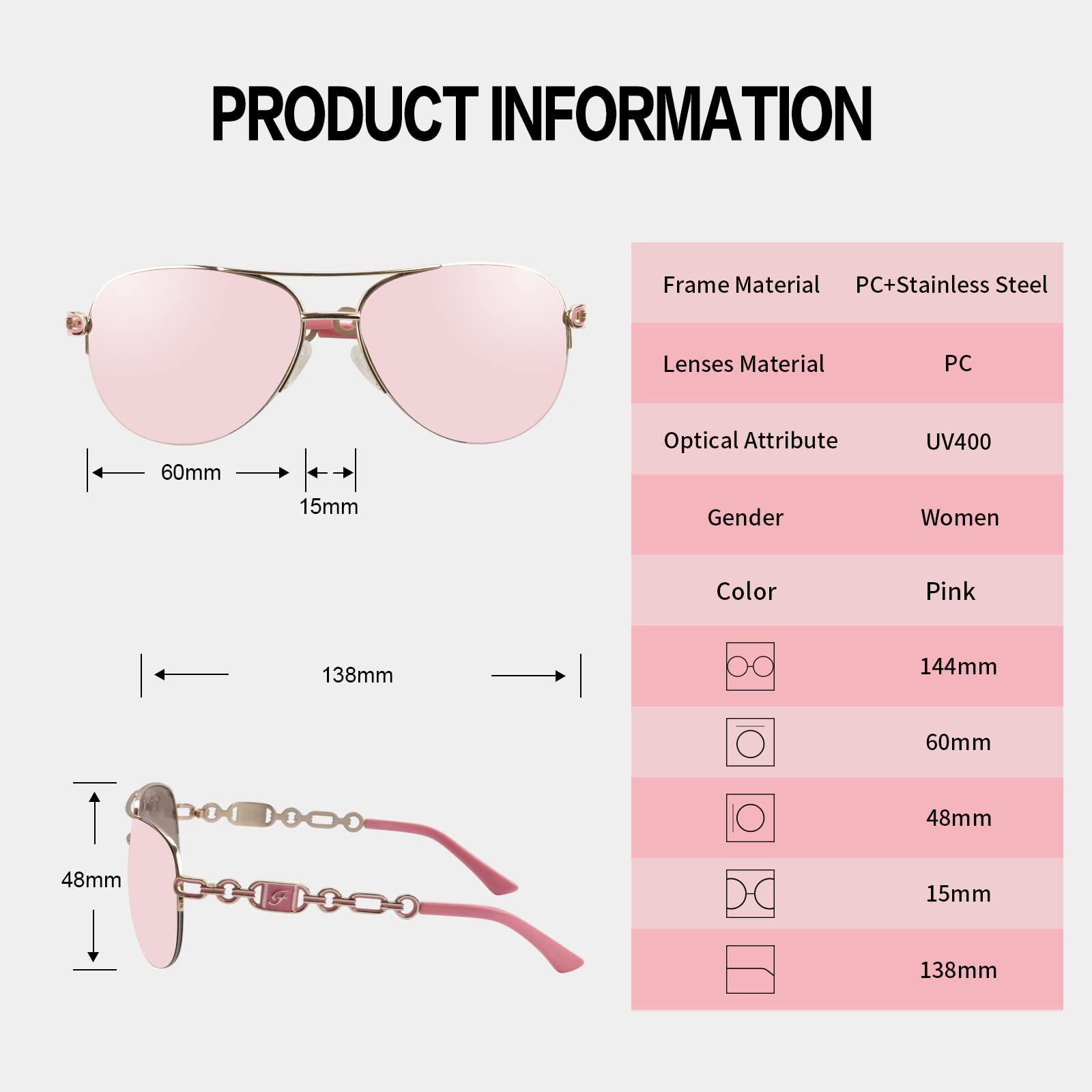 Foto 4 | Gafas De Sol Fonhcoo Aviator Pink Espejed Lens Uv400 Para Mujer - Venta Internacional.