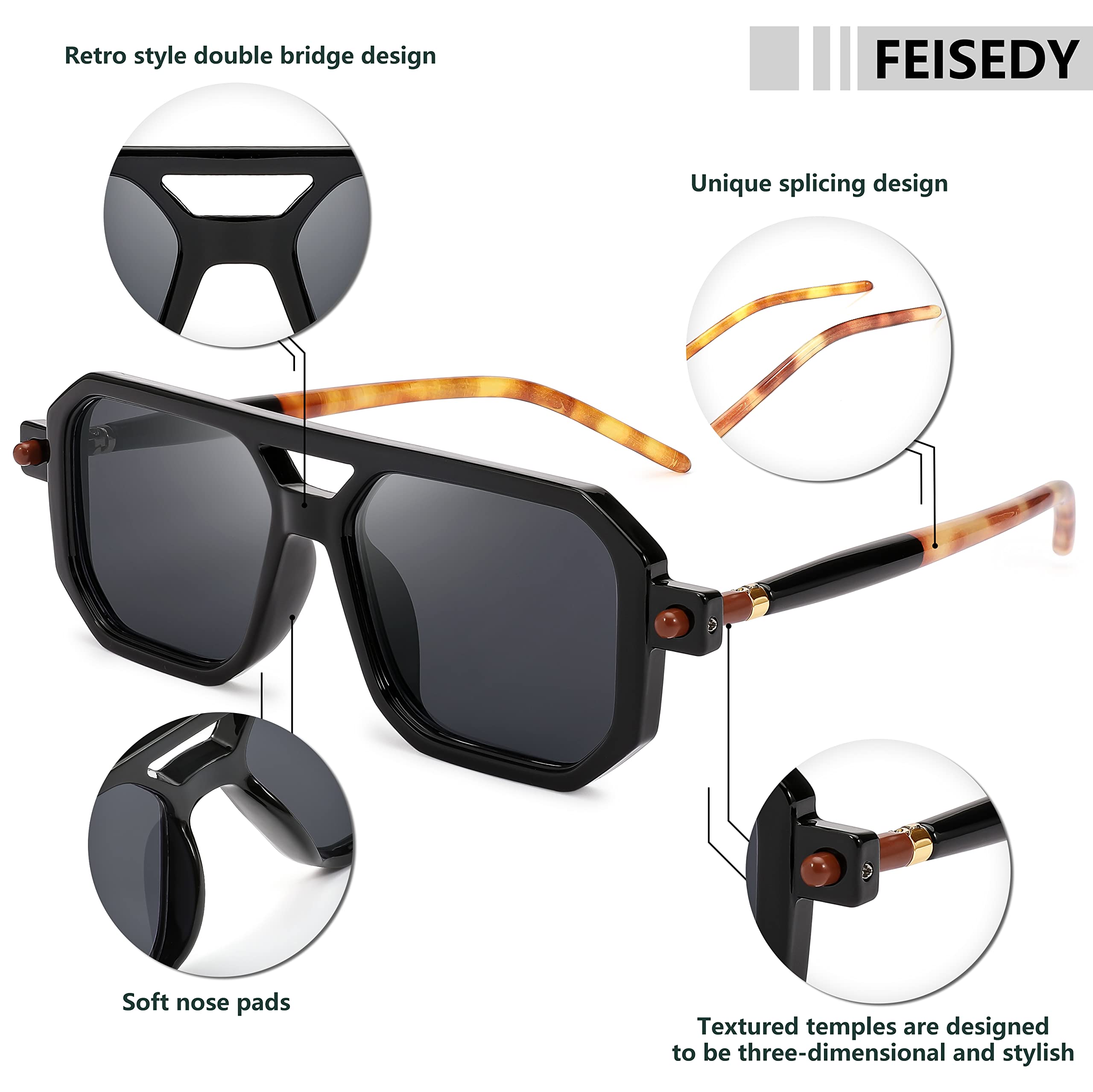 Foto 7 pulgar | Gafas De Sol Feisedy Vintage Square 70s Flat Aviator Uv400 - Venta Internacional.