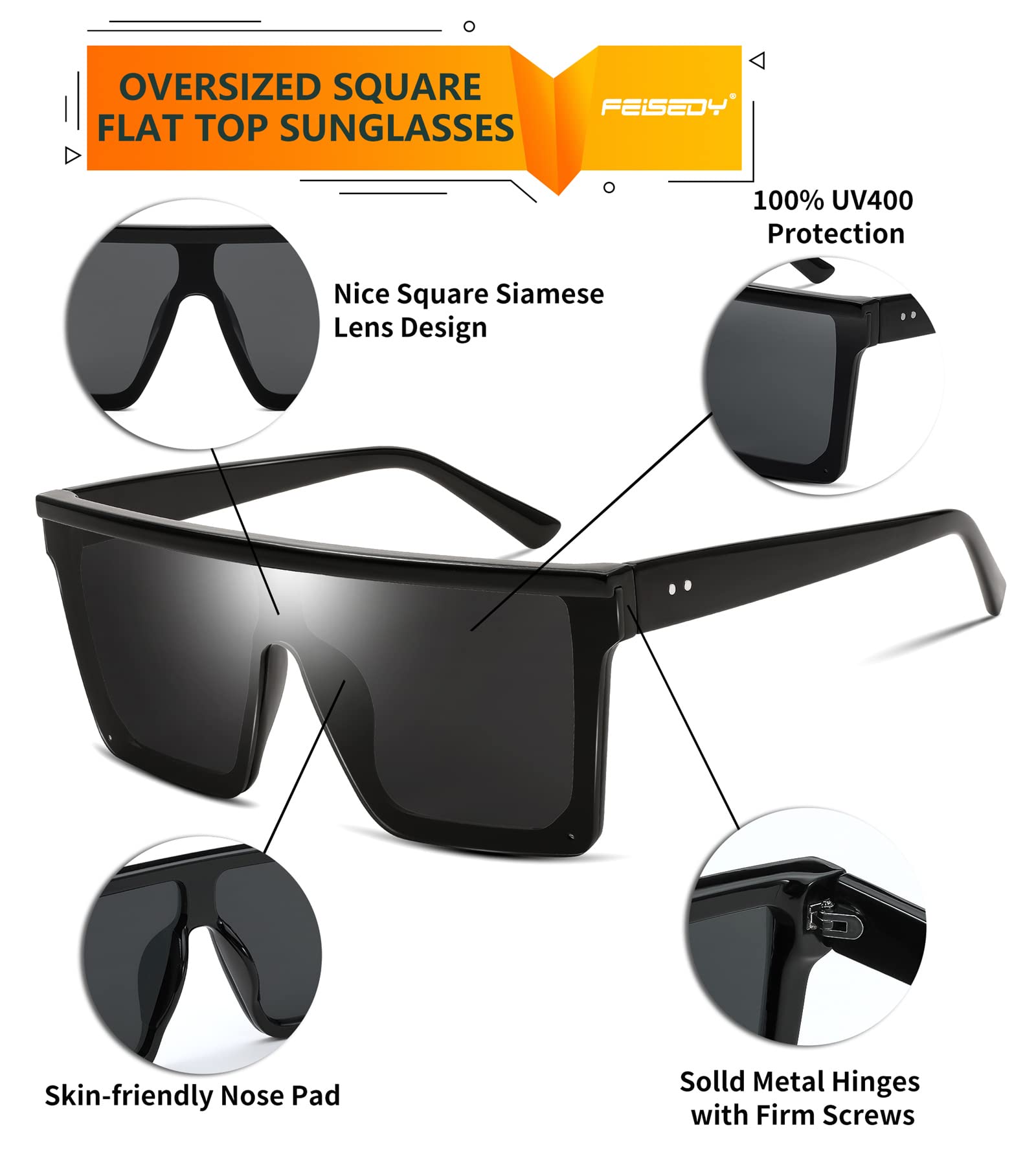 Foto 3 | Gafas De Sol Feisedy De Gran Tamaño Con Parte Superior Plana Cuadrada Uv400 B2470 - Venta Internacional.