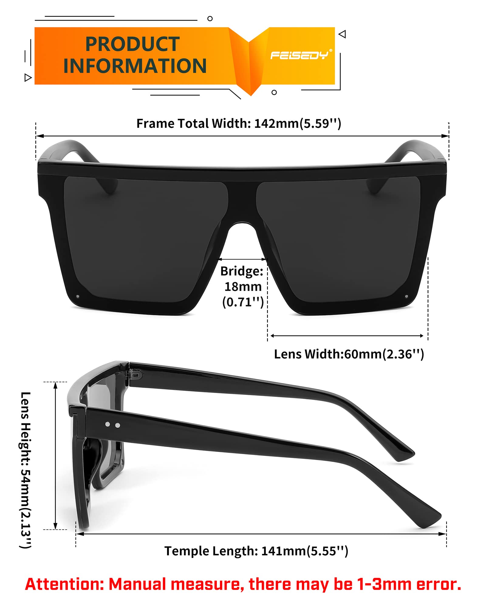 Foto 6 pulgar | Gafas De Sol Feisedy De Gran Tamaño Con Parte Superior Plana Cuadrada Uv400 B2470 - Venta Internacional.
