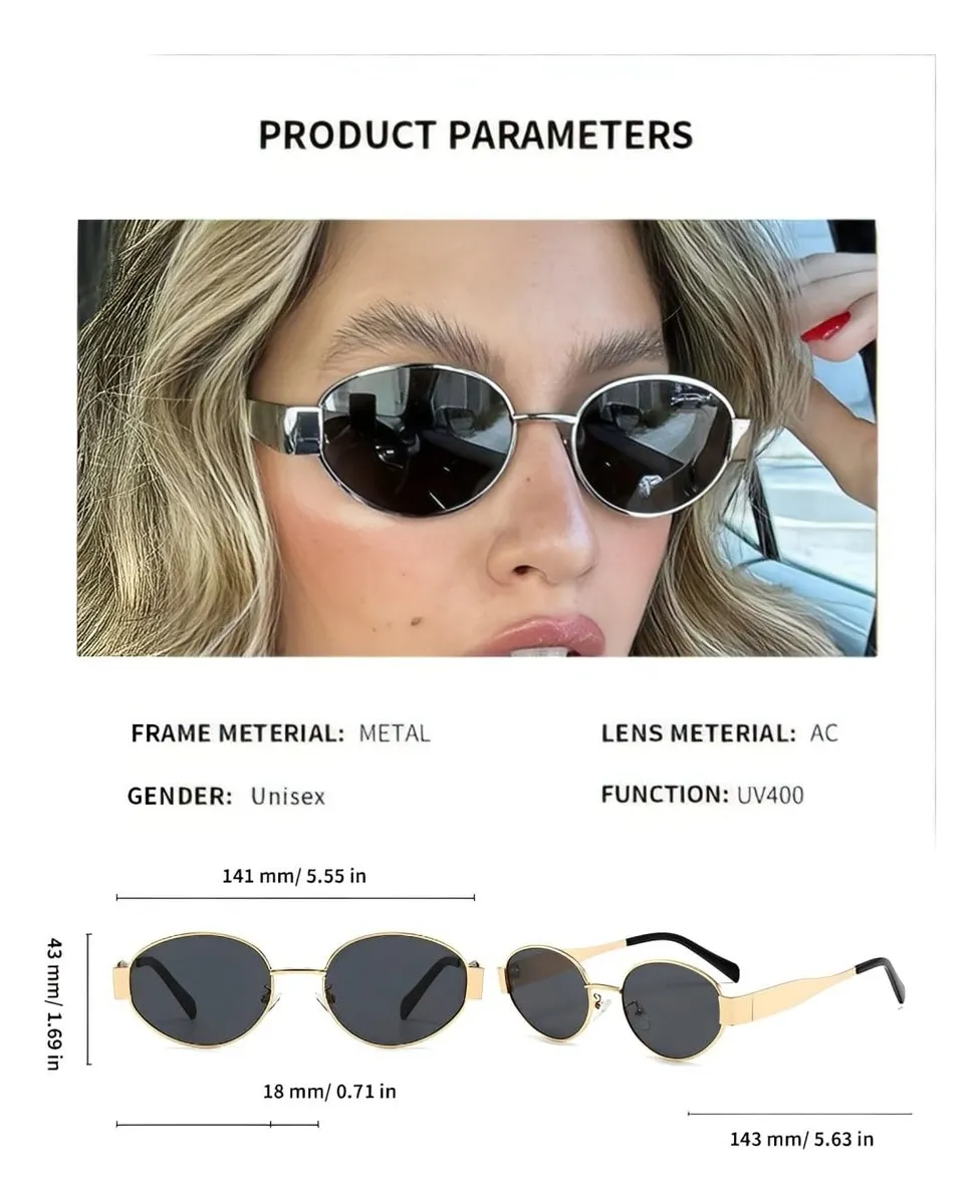Foto 5 | Gafas Sol Belug  De Metal Ovaladas De Diseño Retro Armazin Dorada