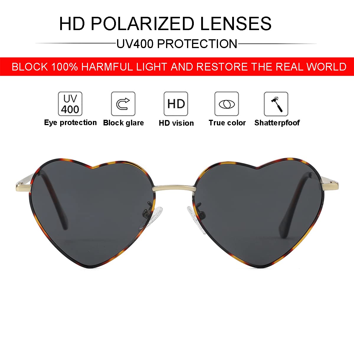 Foto 3 pulgar | Gafas De Sol Jovakit Polarized Heart Para Mujer En Forma De Tortuga Y Gris - Venta Internacional.