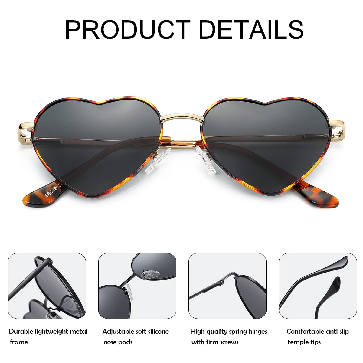 Foto 5 pulgar | Gafas De Sol Jovakit Polarized Heart Para Mujer En Forma De Tortuga Y Gris - Venta Internacional.