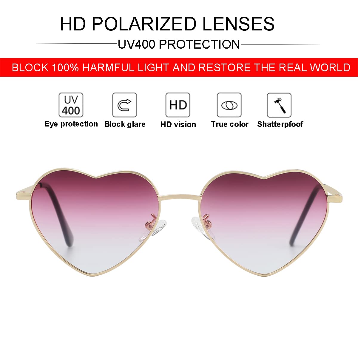 Foto 3 pulgar | Gafas De Sol Jovakit Polarized Heart Para Mujer Con Montura Dorada - Venta Internacional.