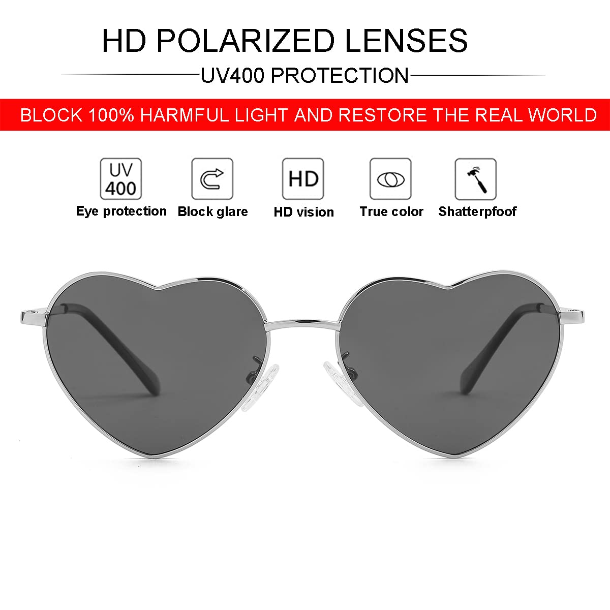 Foto 3 pulgar | Gafas De Sol Jovakit Polarized Heart Para Mujer Plateado/gris - Venta Internacional.