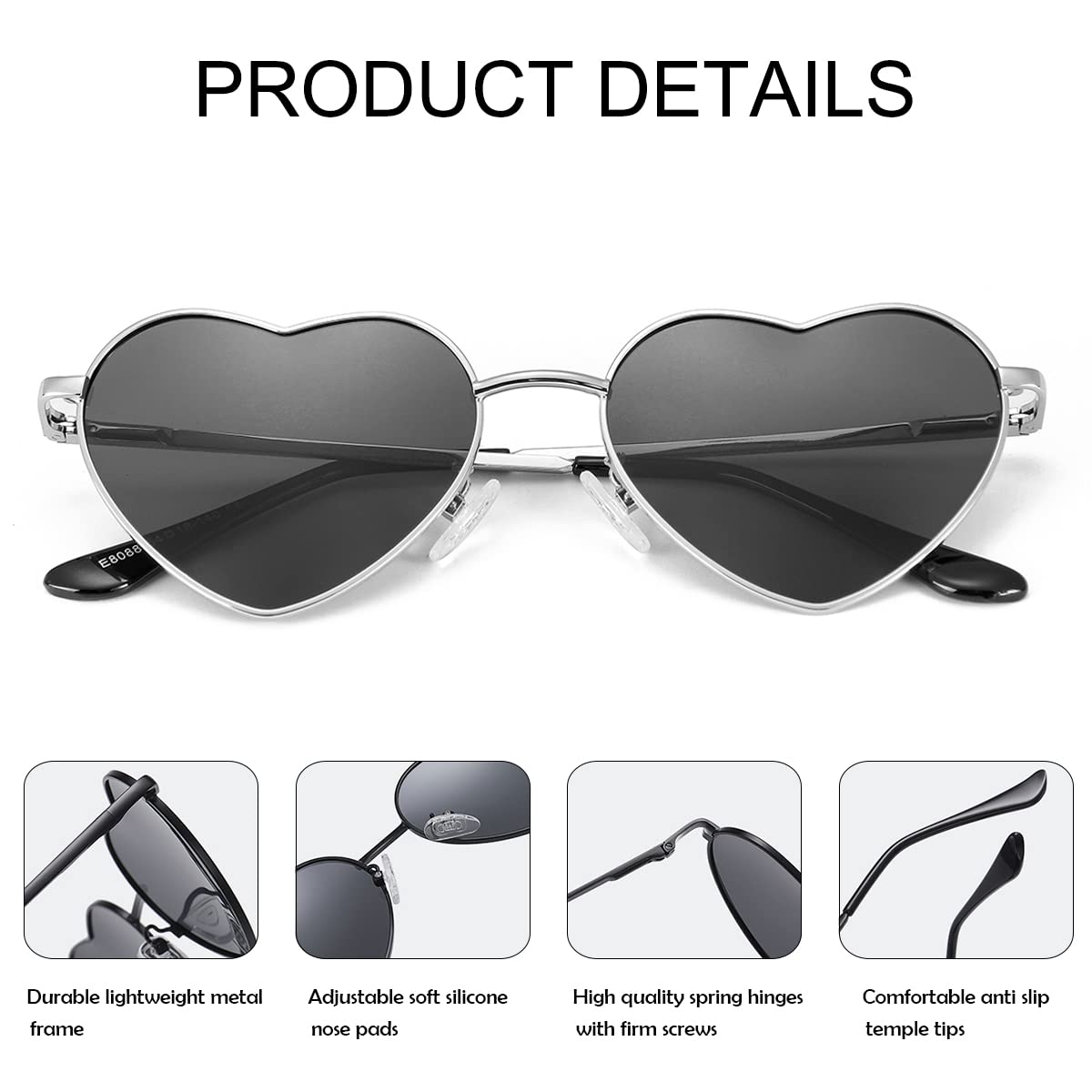 Foto 5 pulgar | Gafas De Sol Jovakit Polarized Heart Para Mujer Plateado/gris - Venta Internacional.
