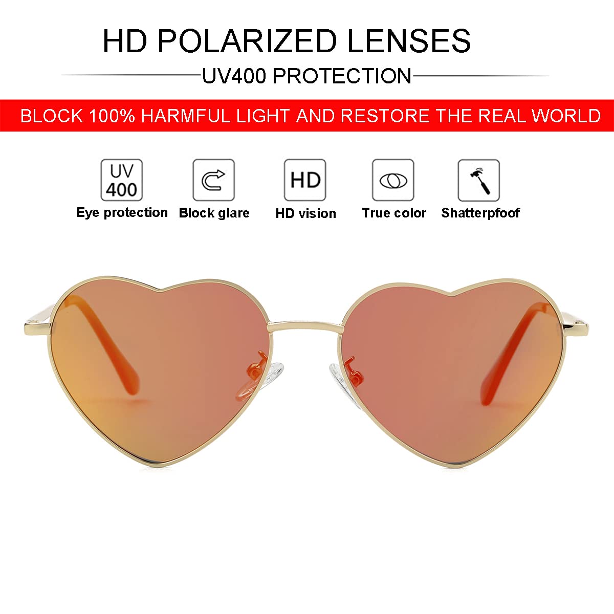 Foto 3 pulgar | Gafas De Sol Jovakit Polarized Heart Para Mujer  Color Dorado/rojo  Espejo - Venta Internacional.