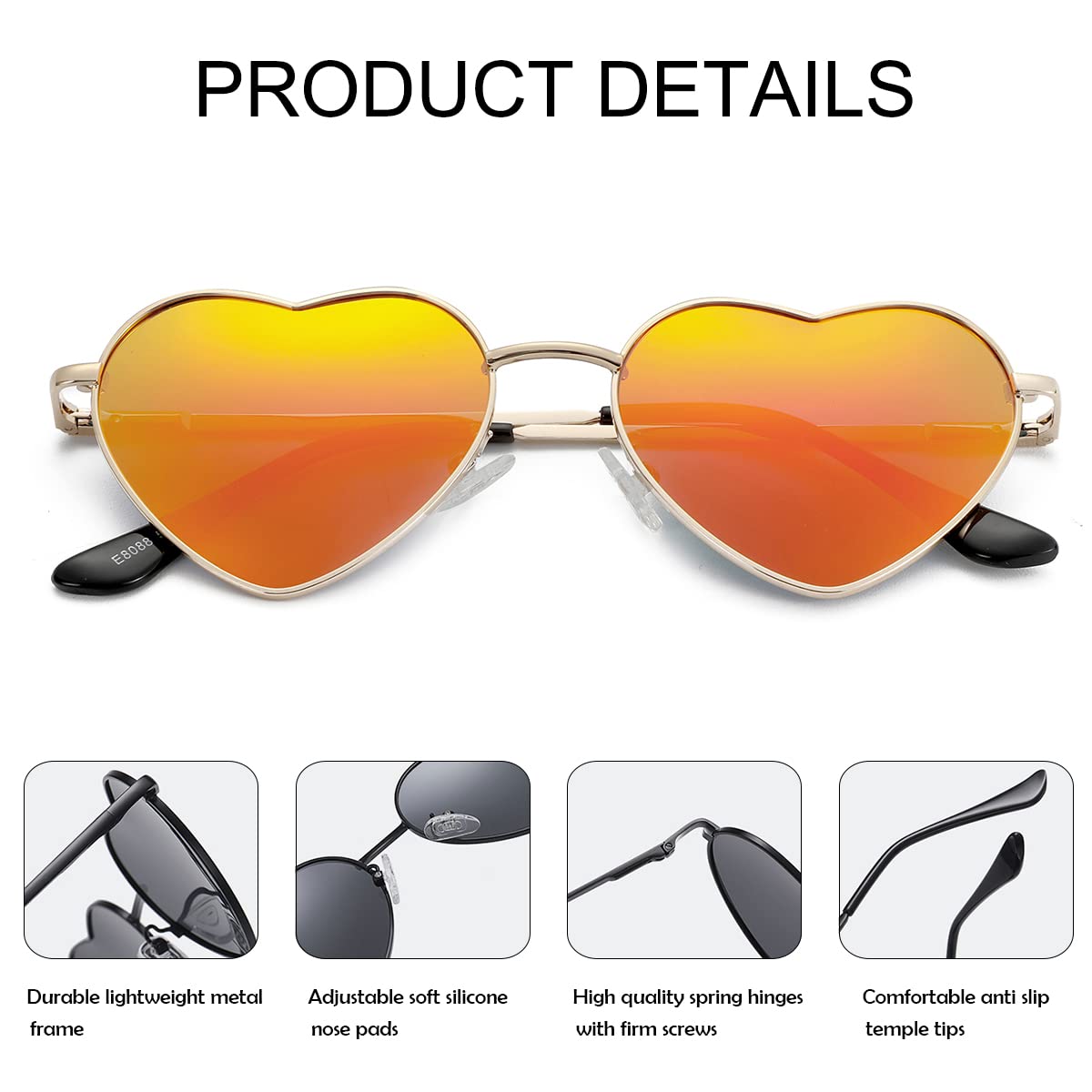 Foto 5 pulgar | Gafas De Sol Jovakit Polarized Heart Para Mujer  Color Dorado/rojo  Espejo - Venta Internacional.