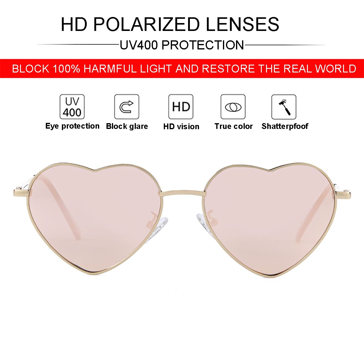 Foto 5 pulgar | Gafas De Sol Jovakit Polarized Heart Para Mujer Dorado/rojo+dorado/rosa - Venta Internacional.