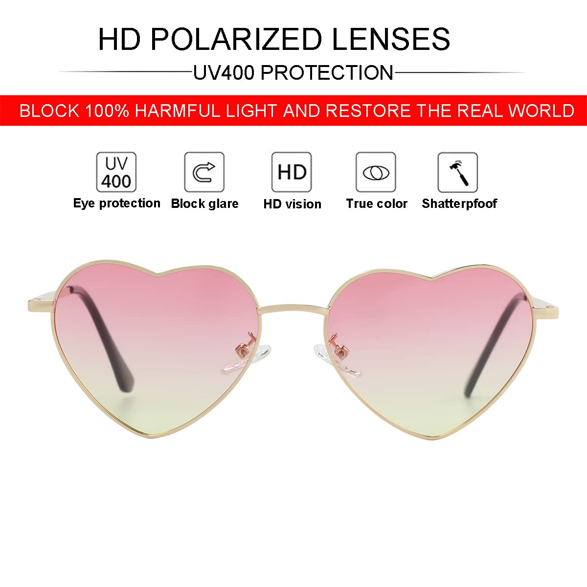 Foto 3 pulgar | Gafas De Sol Jovakit Polarized Heart Para Mujer Dorado/rosa/amarillo - Venta Internacional.