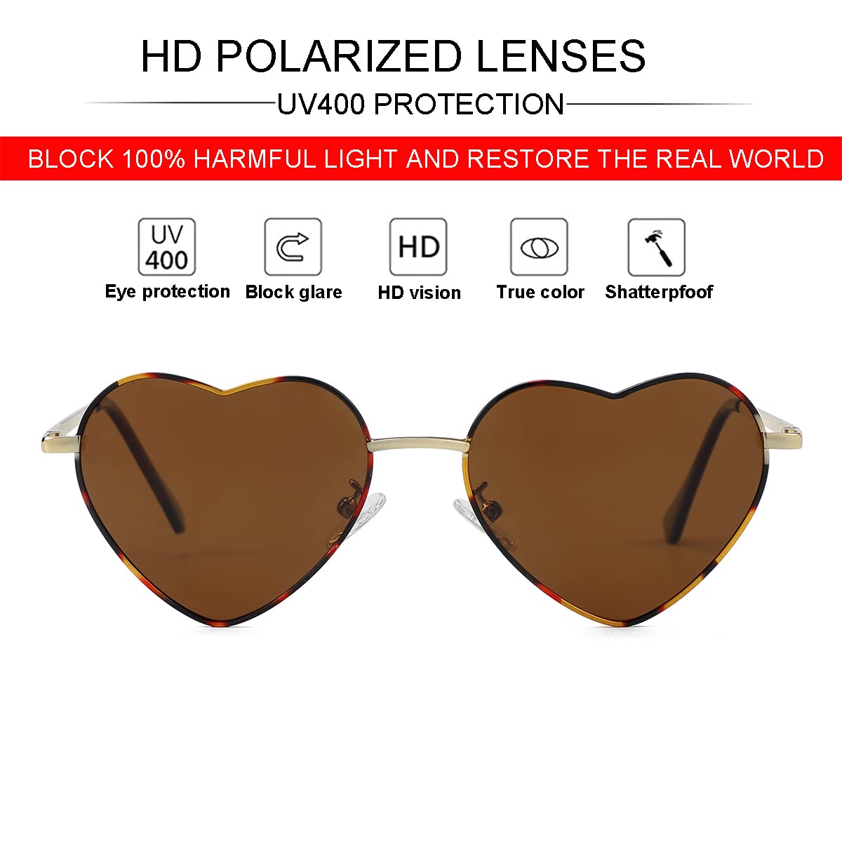 Foto 3 pulgar | Gafas De Sol Jovakit Polarized Heart Para Mujer En Forma De Tortuga Y Marrón - Venta Internacional.