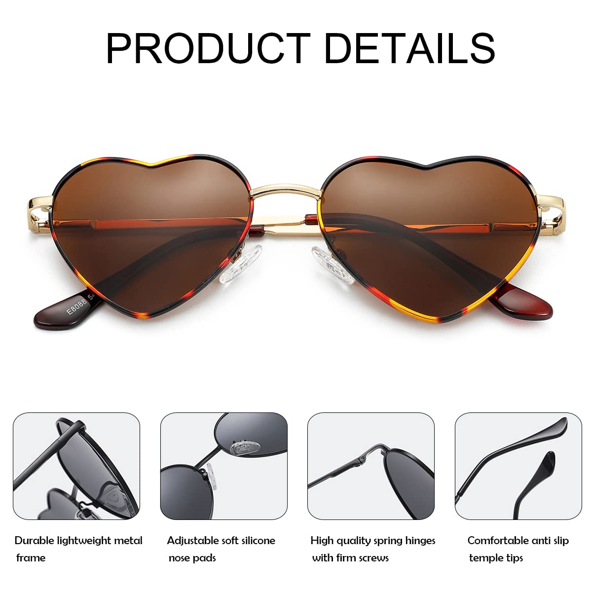 Foto 5 pulgar | Gafas De Sol Jovakit Polarized Heart Para Mujer En Forma De Tortuga Y Marrón - Venta Internacional.