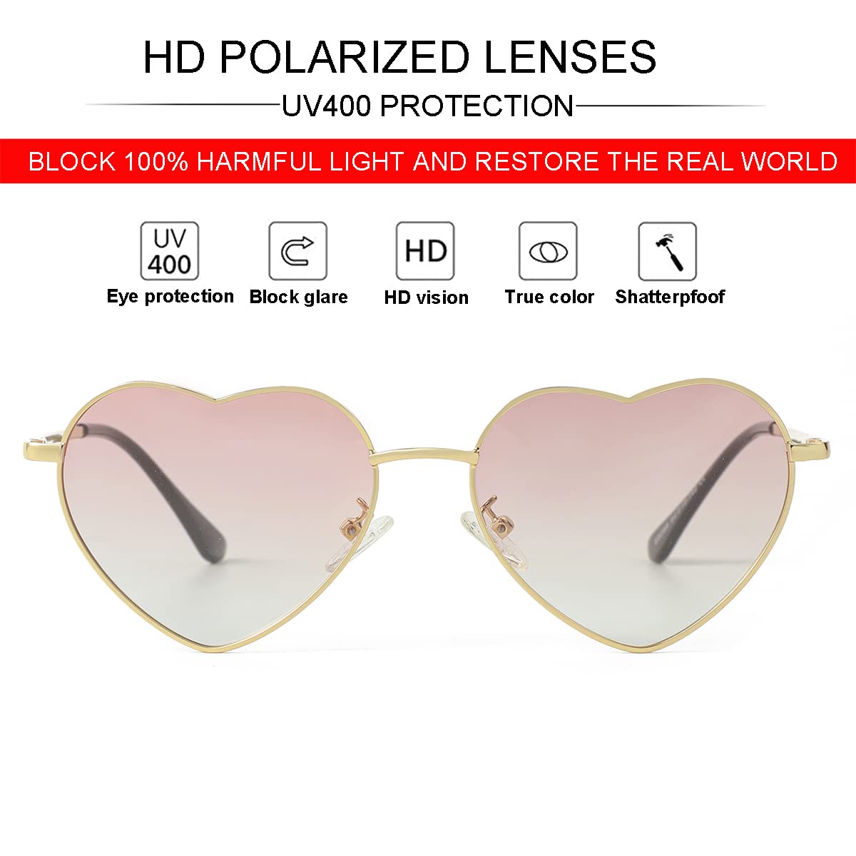 Foto 4 | Gafas De Sol Jovakit Polarized Heart Para Mujer Negro/gris+dorado - Venta Internacional.