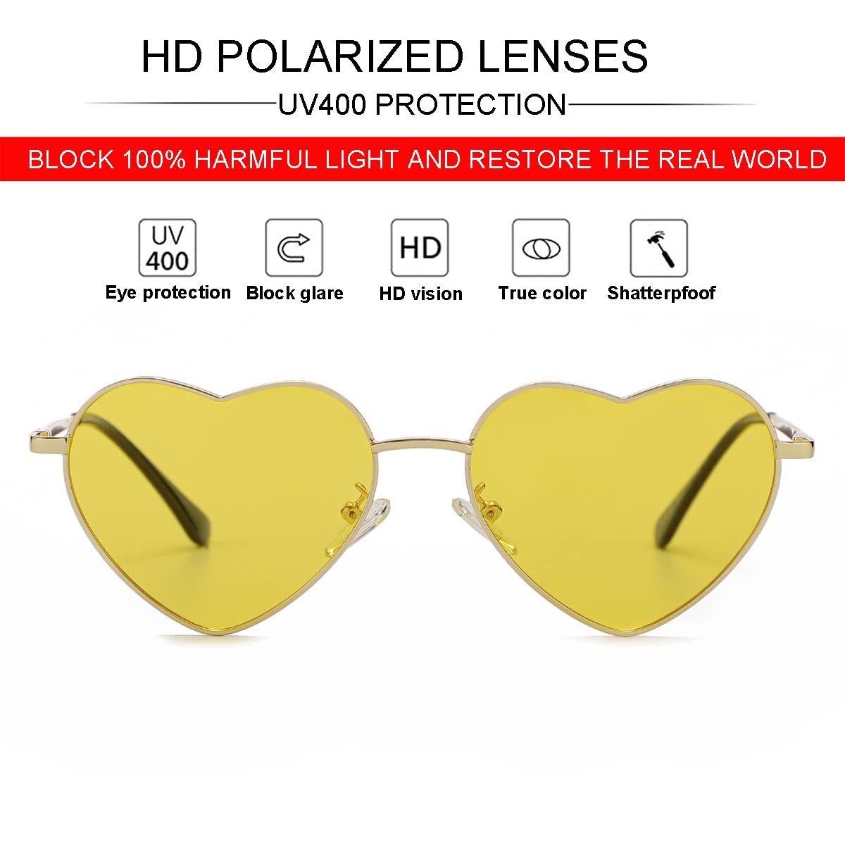 Foto 3 pulgar | Gafas De Sol Jovakit Polarized Heart Para Mujer Dorado/amarillo - Venta Internacional.