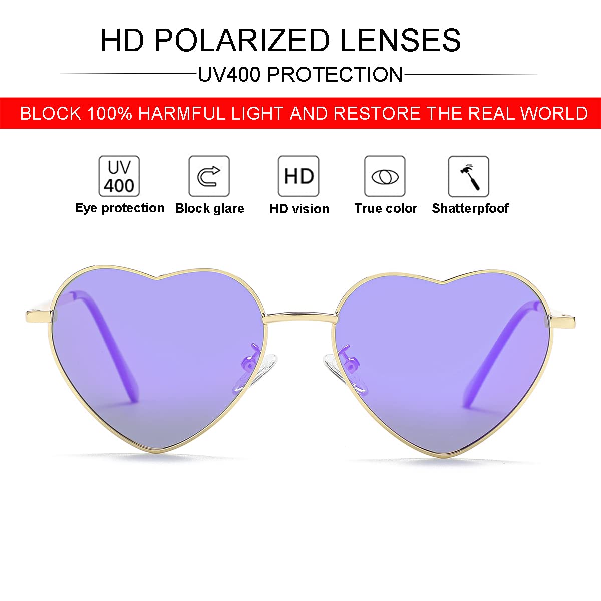 Foto 3 pulgar | Gafas De Sol Jovakit Polarized Heart Para Mujer Con Montura Dorada - Venta Internacional.