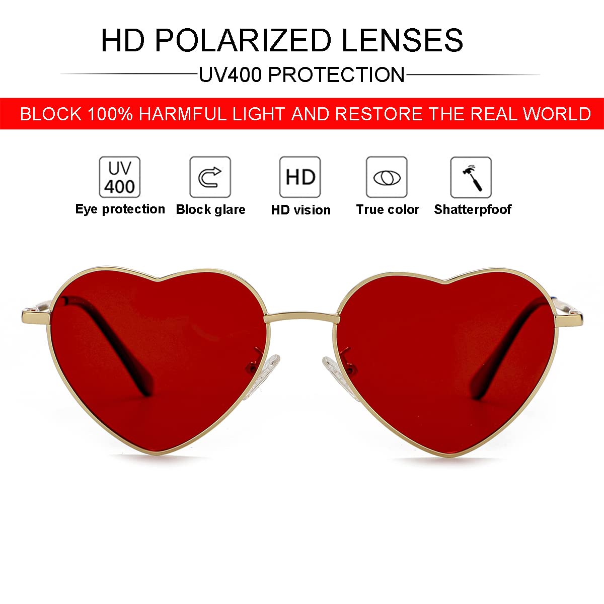 Foto 5 pulgar | Gafas De Sol Jovakit Polarized Heart Para Mujer Dorado/gris+dorado/rojo - Venta Internacional.