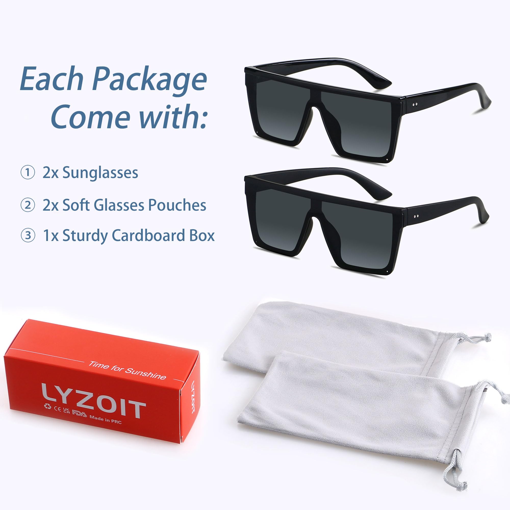 Foto 6 | Gafas De Sol Lyzoit Square Oversized Shield Uv400  Negro Mate  Paquete De 2 - Venta Internacional.