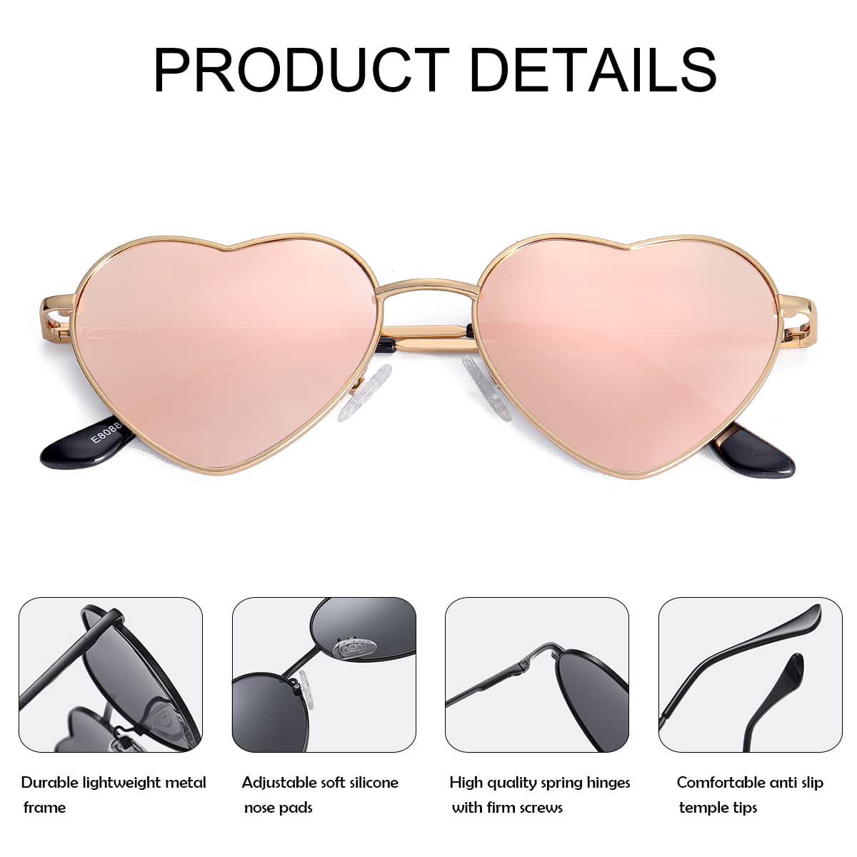Foto 5 pulgar | Gafas De Sol Jovakit Polarized Heart Para Mujer Con Espejo Dorado/rosa - Venta Internacional.