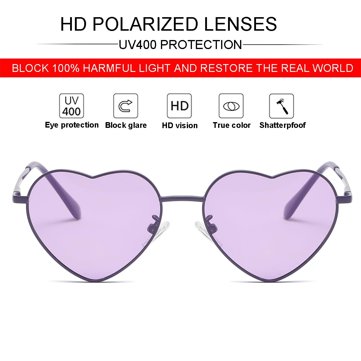 Foto 3 pulgar | Gafas De Sol Jovakit Polarized Heart Para Mujer Uv400 Purple - Venta Internacional.
