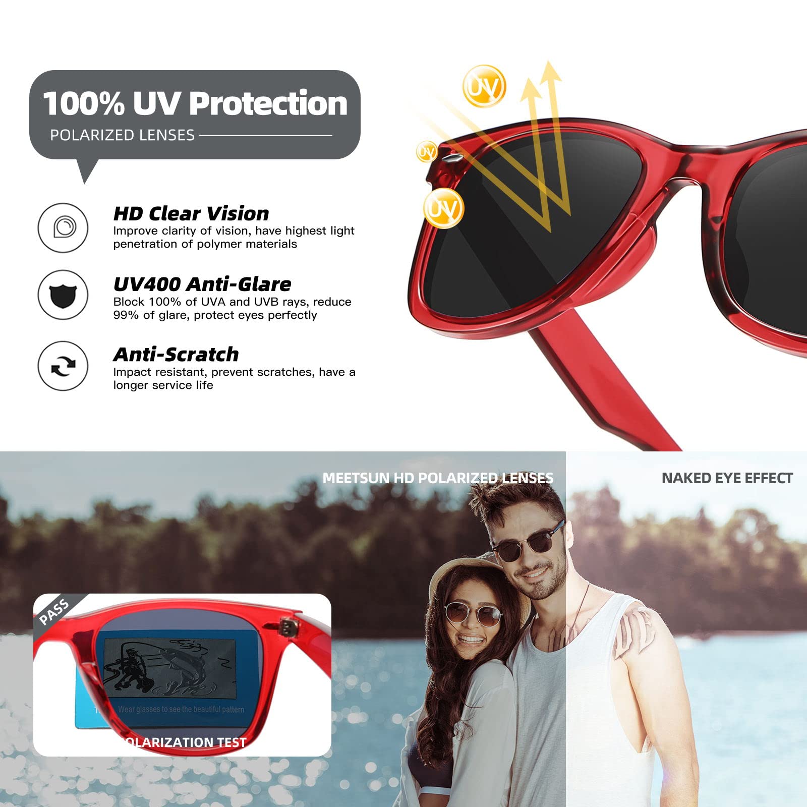 Foto 7 pulgar | Gafas De Sol Meetsun Classic Retro Square Polarizadas Uv400 Rojas - Venta Internacional.
