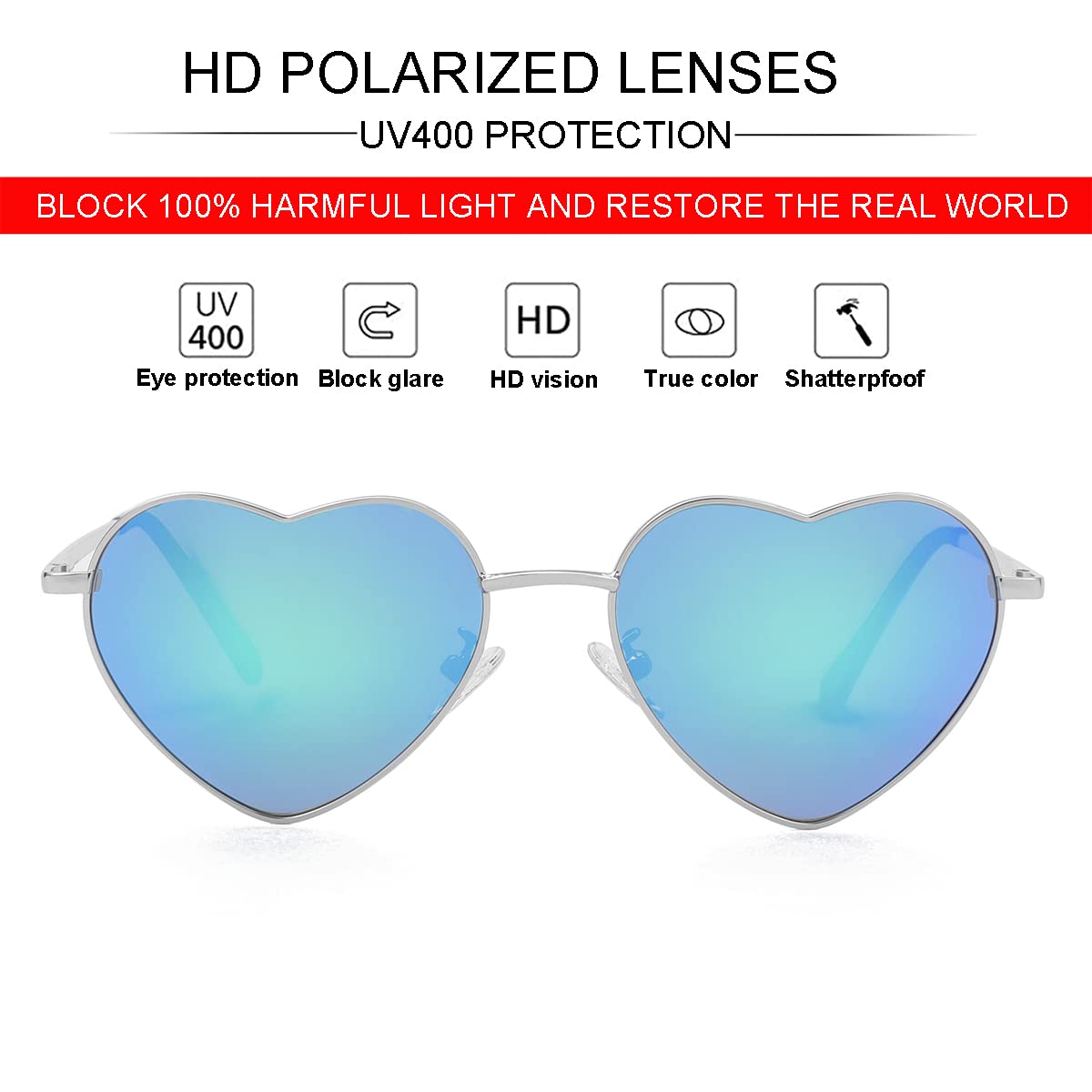Foto 3 pulgar | Gafas De Sol Jovakit Polarized Heart Para Mujer Plateado/verde - Venta Internacional.