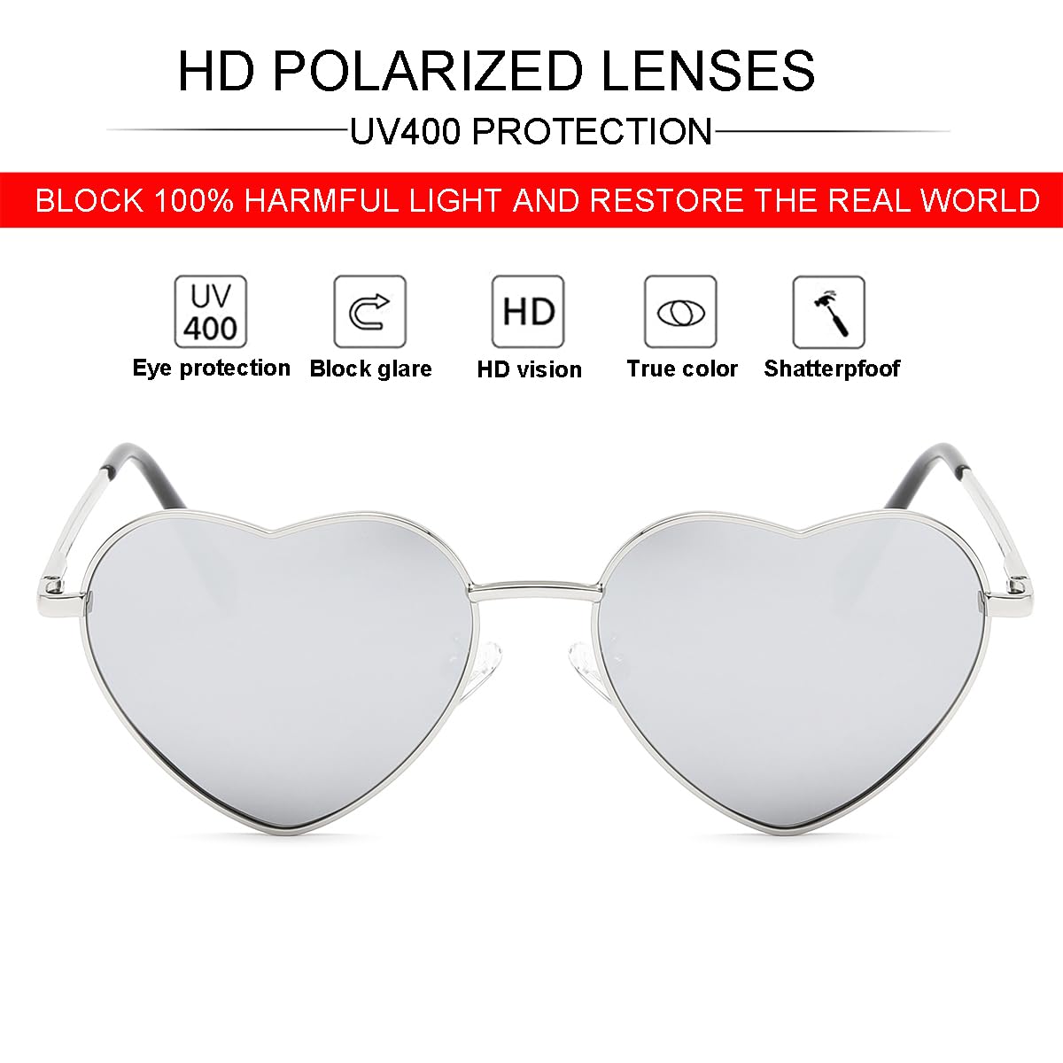 Foto 2 | Gafas De Sol Jovakit Polarized Heart Para Mujer Silver Mirror - Venta Internacional.