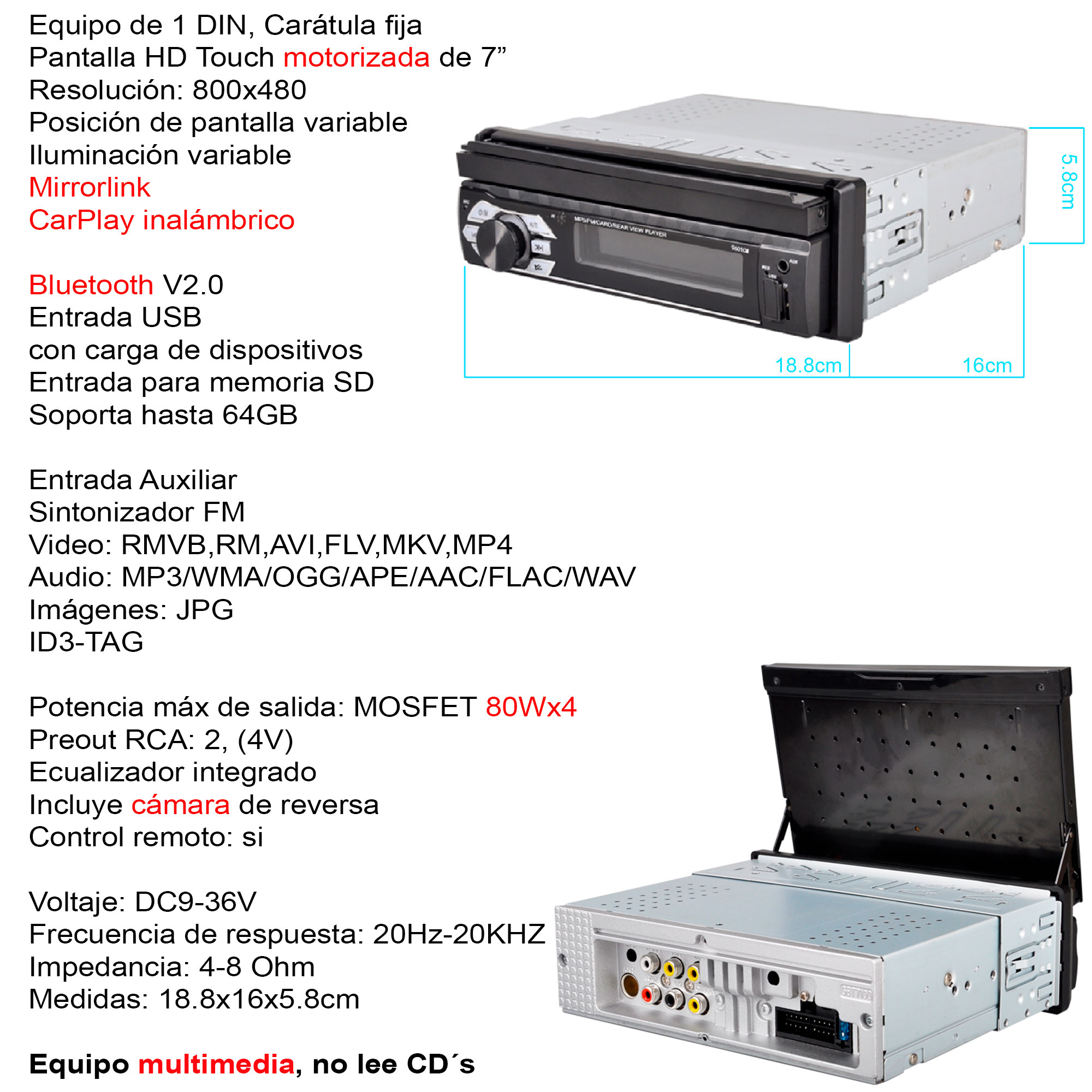 Foto 6 | Autoestereo Vak 1703 Motorizado 7 MP5 Bluetooth USB Mirrorlink SD