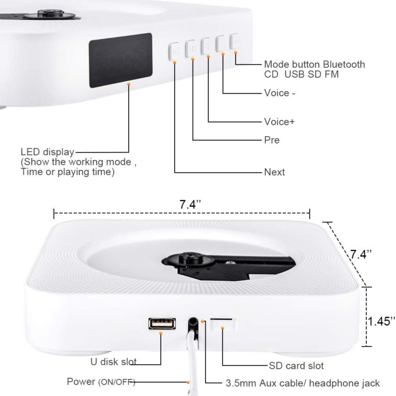 Foto 2 | Reproductor De Cd Portátil Bluetooth Noenname_null White - Venta Internacional.