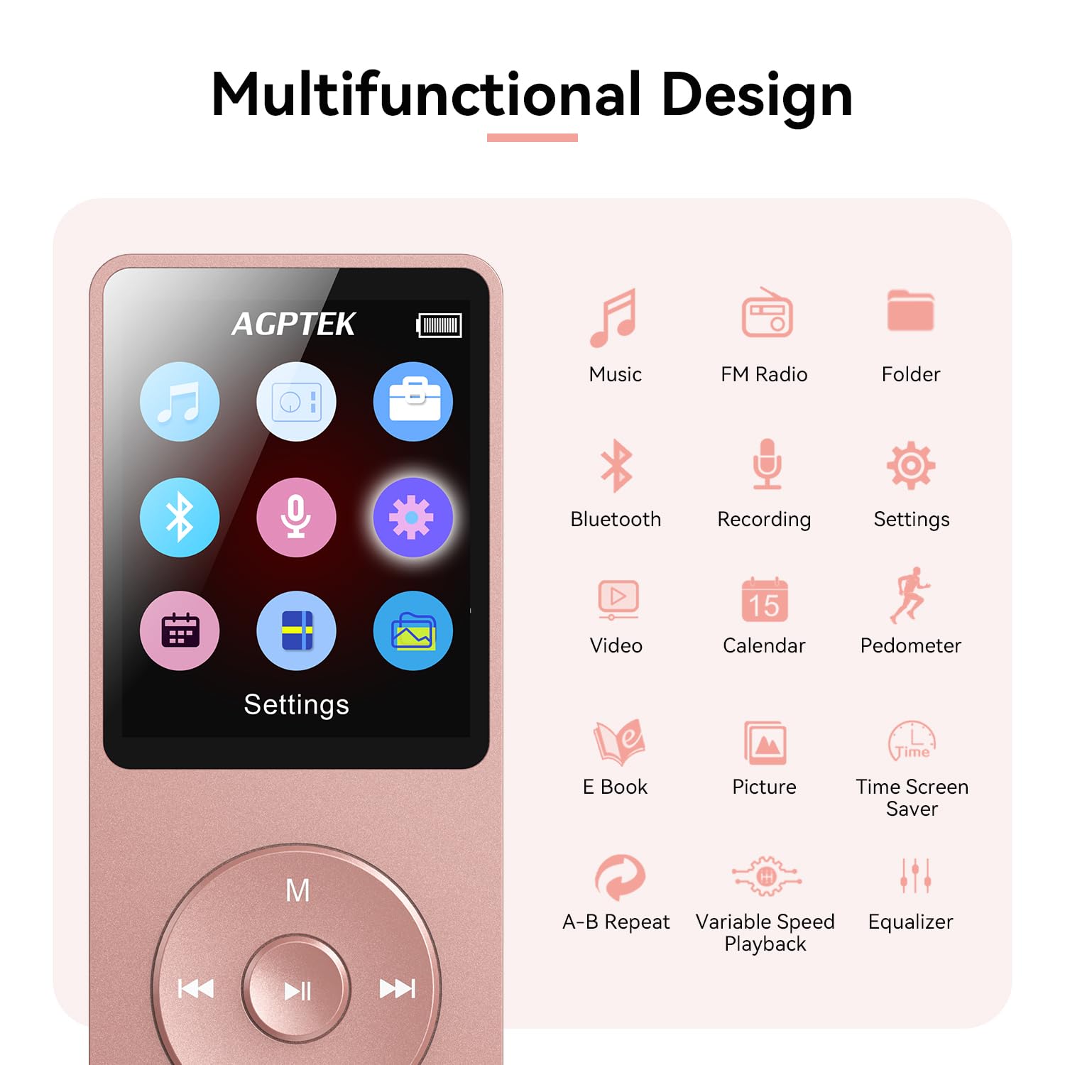 Foto 5 pulgar | Reproductor Mp3 Agptek A02 Bluetooth 5.3 32gb Oro Rosa - Venta Internacional