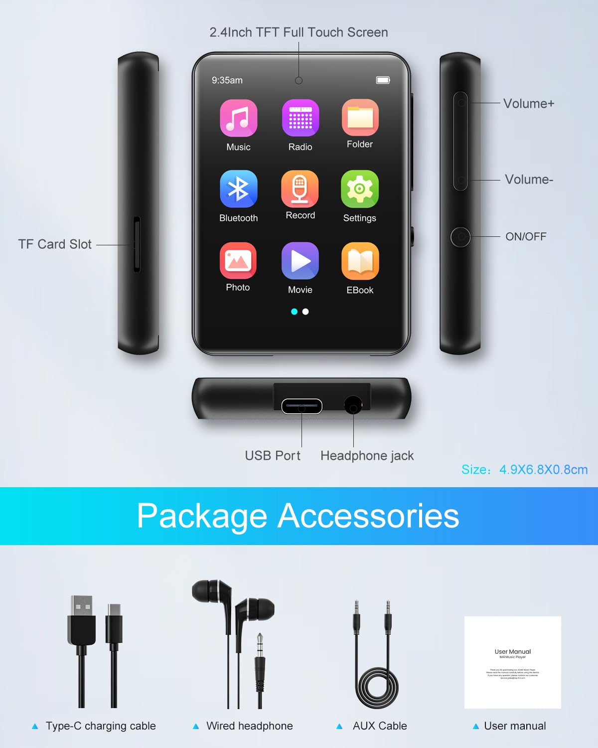 Foto 7 | Reproductor Mp3 Jolike De 64 Gb Con Bluetooth, Pantalla Táctil Completa De 2.4 Pulgadas - Venta Internacional.