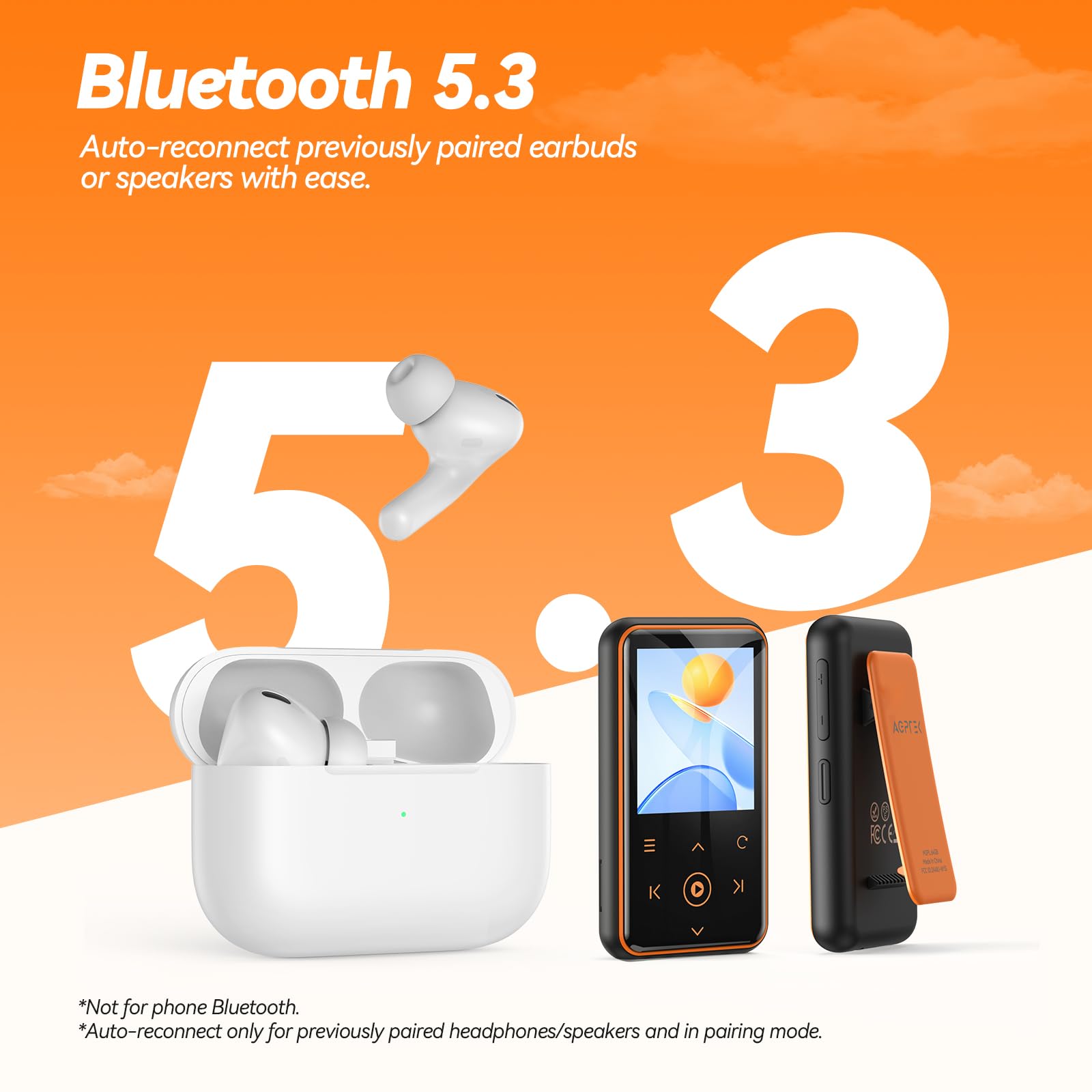 Foto 5 pulgar | Reproductor Mp3 Agptek M2 De 64 Gb Con Clip, Bluetooth 5.3 De 1,8 Pulgadas, Naranja - Venta Internacional.