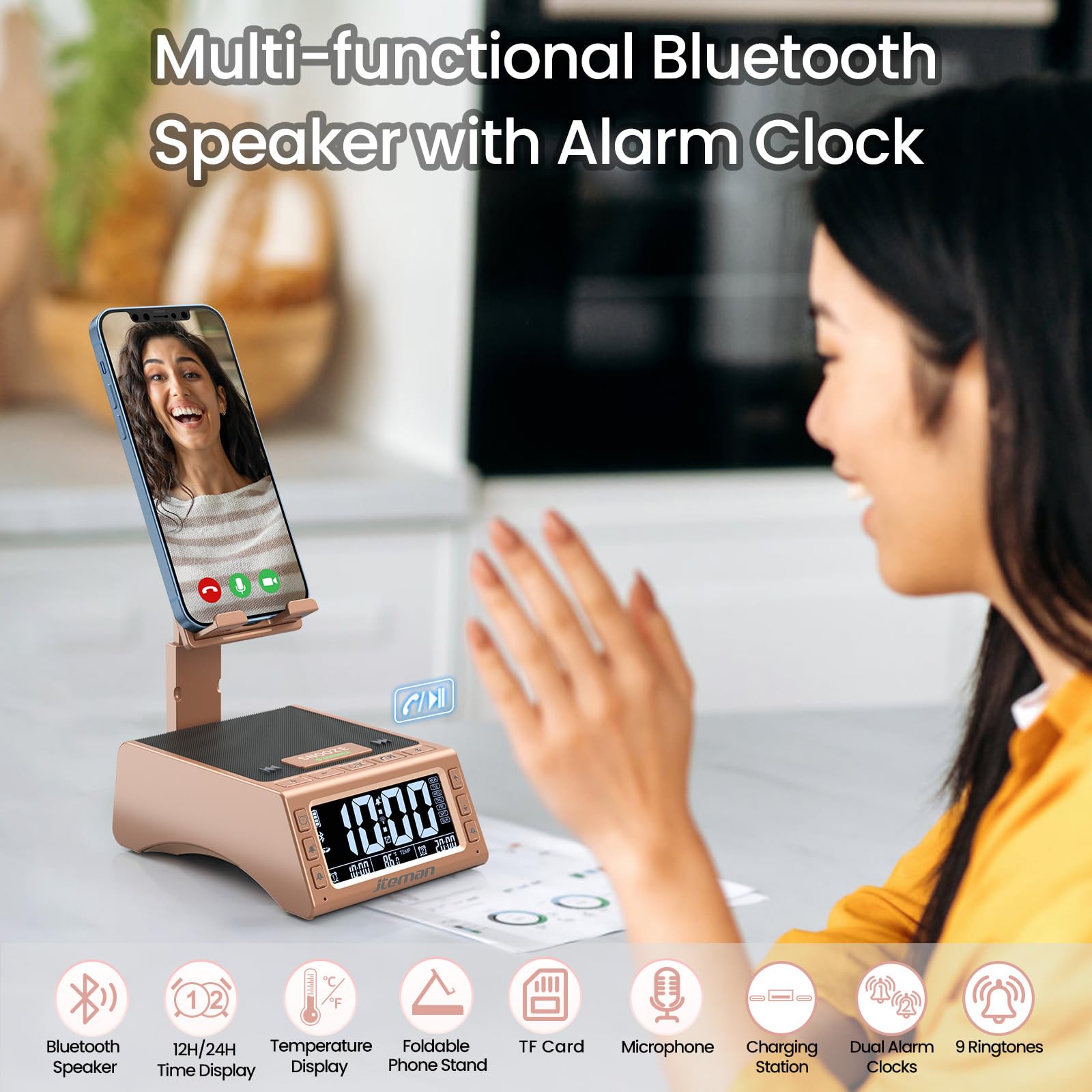 Foto 3 pulgar | Reloj Despertador Inalámbrico Con Altavoz Bluetooth Jteman Rose - Venta Internacional.