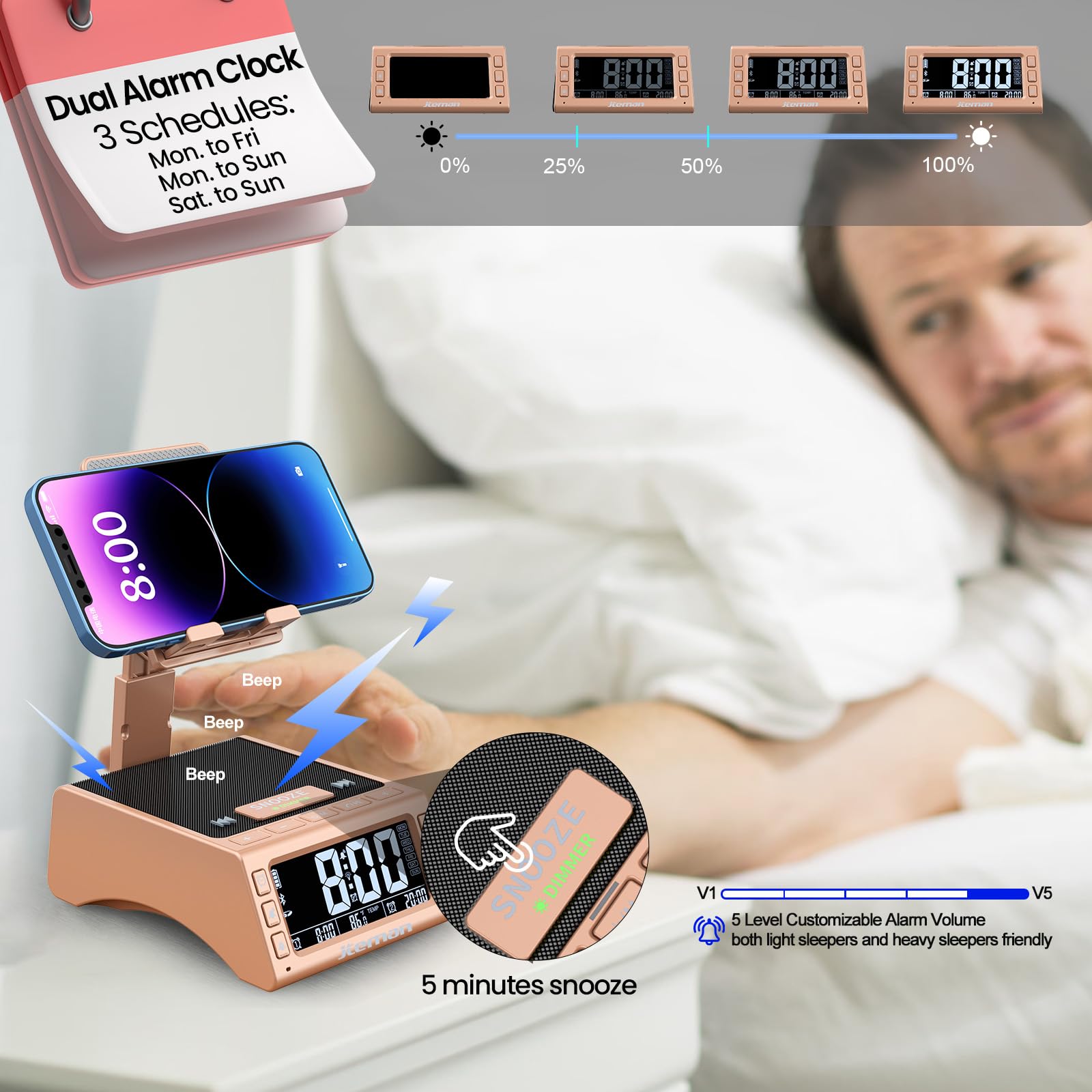 Foto 4 pulgar | Reloj Despertador Inalámbrico Con Altavoz Bluetooth Jteman Rose - Venta Internacional.