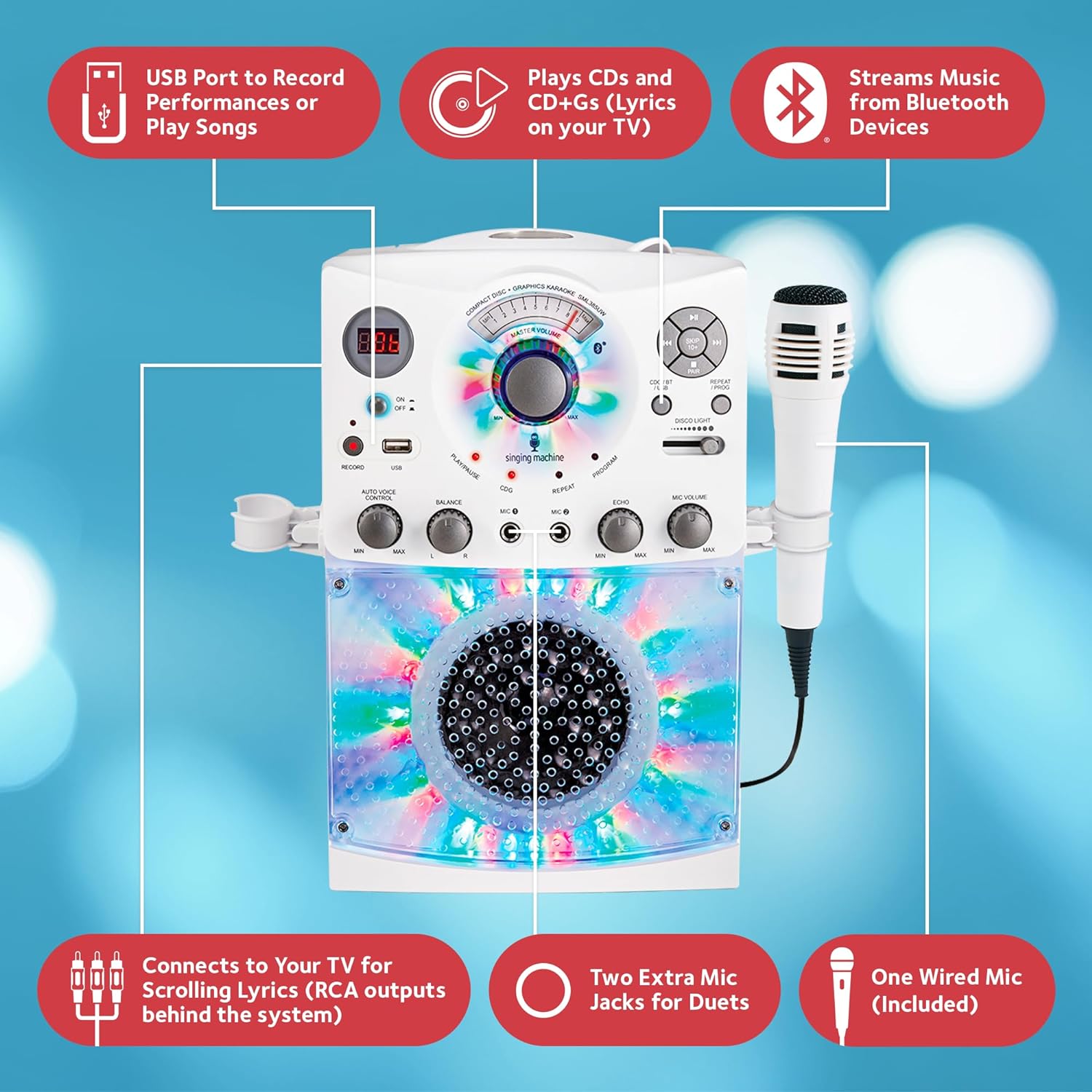Foto 4 | Sistema De Karaoke Singing Machine Sml385btbk Con Bluetooth, Luces Led, Reproductor Cdg, Micrófono Y Efectos De Sonido