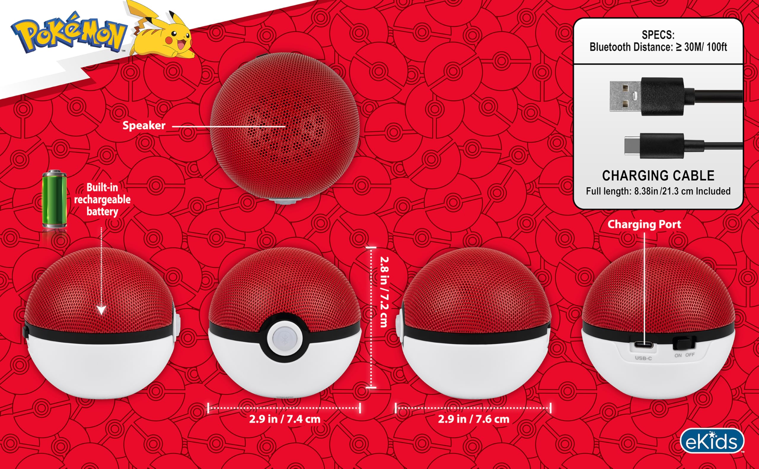 Foto 5 pulgar | Altavoz Bluetooth Ekids Pokemon Pokeball Con Batería Recargable - Venta Internacional.