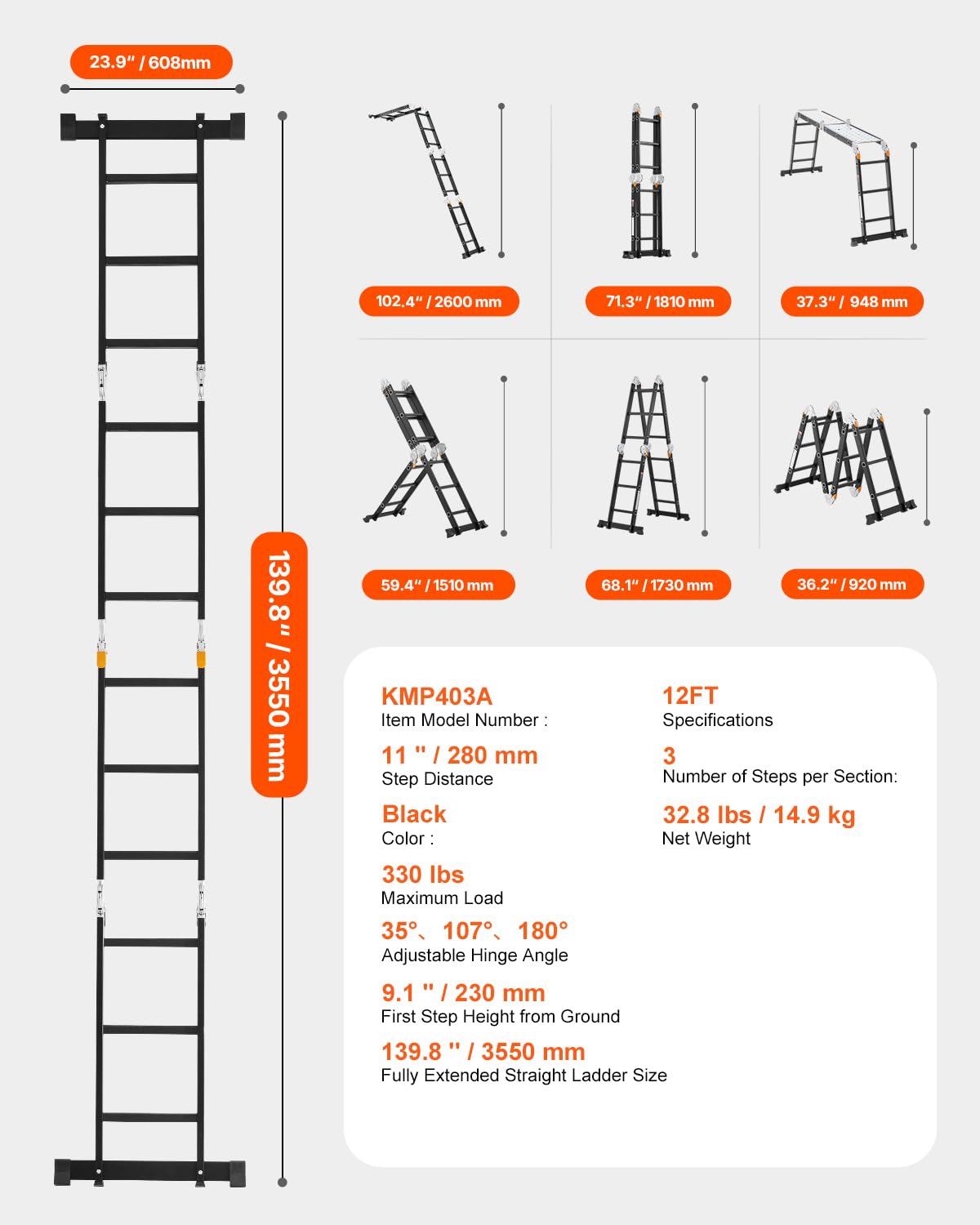 Foto 7 | Escalera Plegable Vevor 7 En 1, Escalón De Extensión De 12 Pies Y 150 Kg - Venta Internacional.