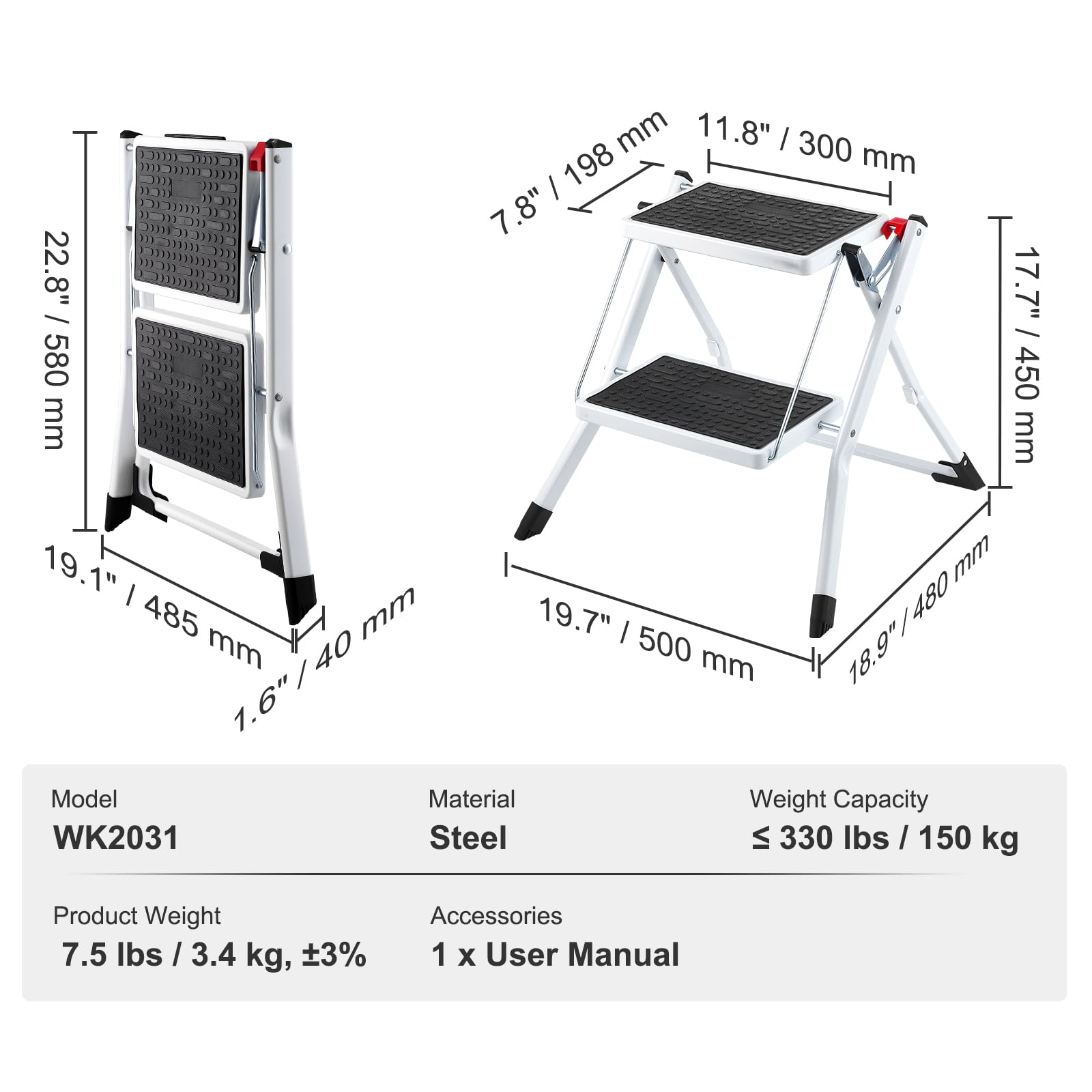 Foto 7 | Escalera Vevor, 2 Peldaños, 150 Kg De Capacidad, Acero Plegable - Venta Internacional.